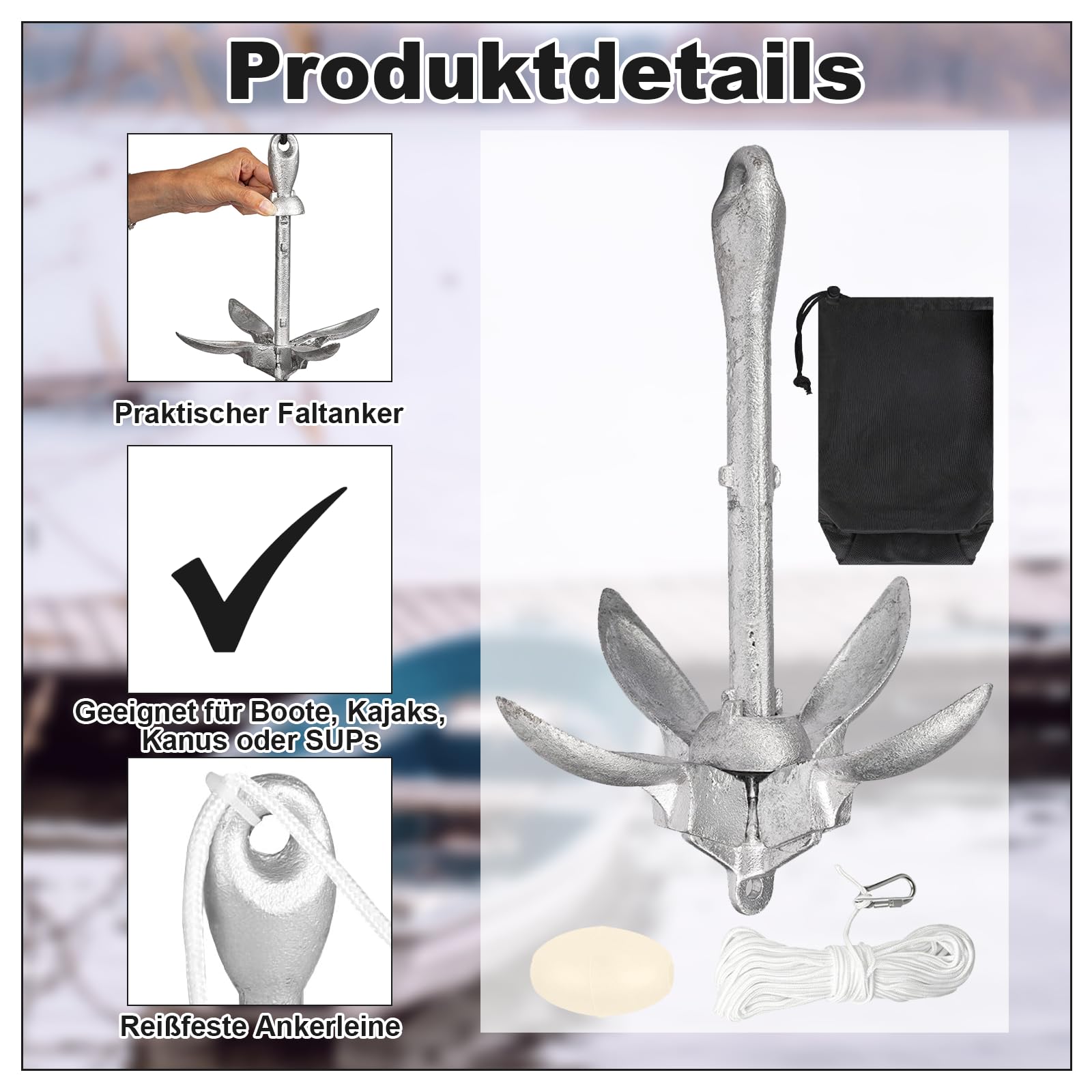 Anker Boot 6KG Faltanker mit 20 m Ankerleine und Tasche, Bootsanker für Kajak, Schlauchboot, SUP-Board, Kanu und Motorboot, Bootszubehör für Wassersport, Outdoor und Angeln