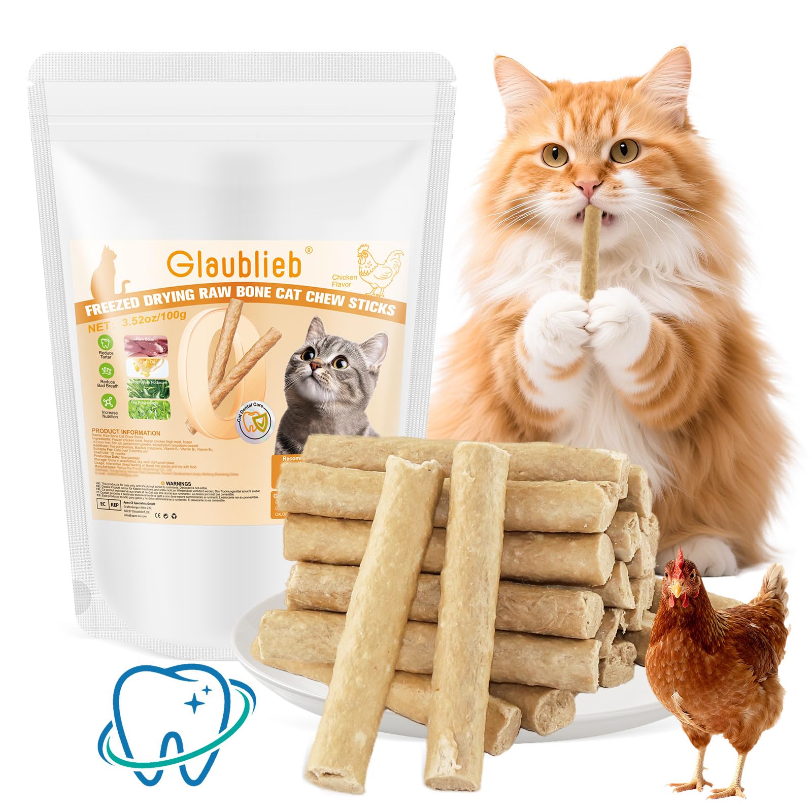 100g Bâtonnets à Mâcher Lyophilisés pour Chats - Friandises Dentaires Bâtons Molaires pour Chat pour Haleine Fraîche et Réduction du Tartre