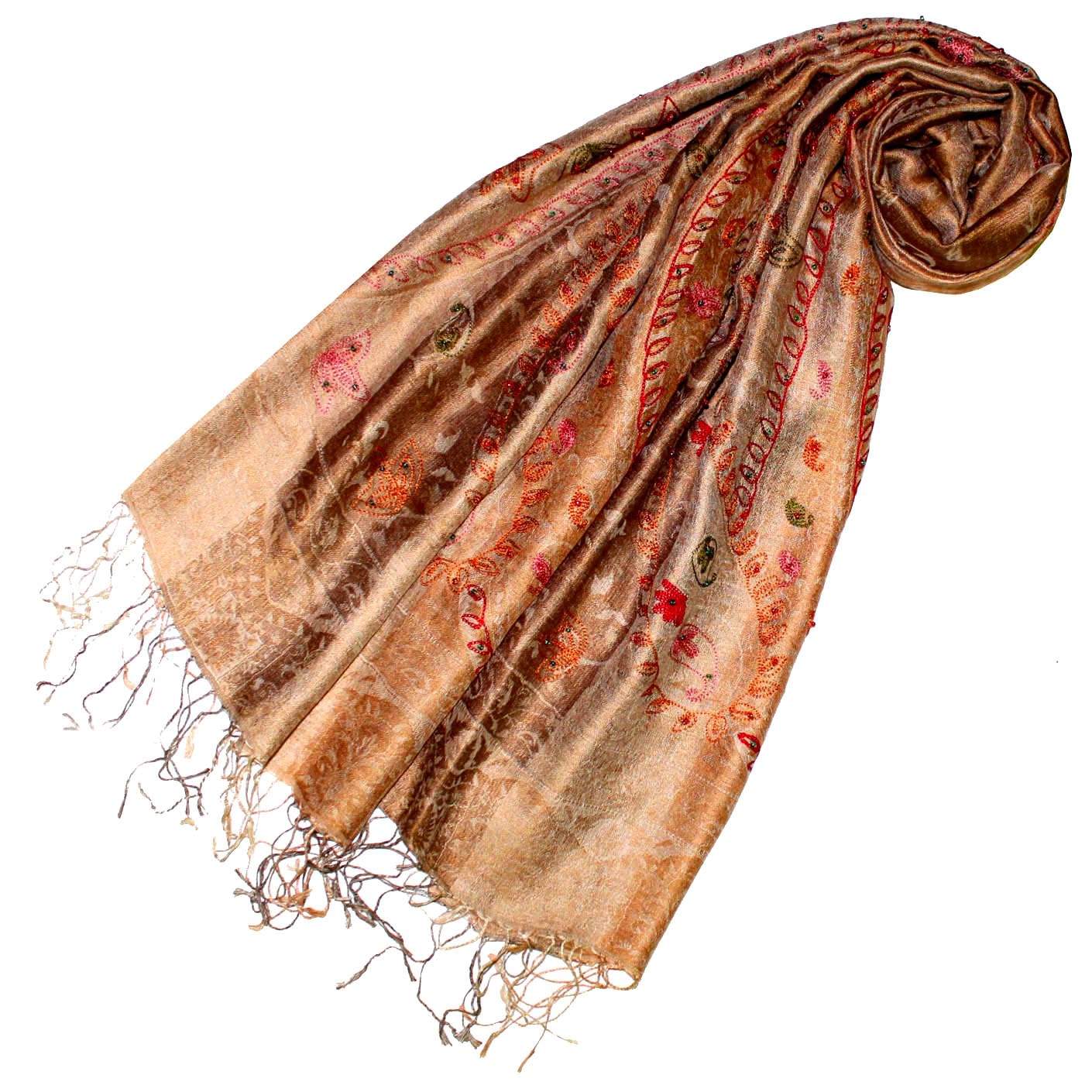 Lorenzo Cana Pashmina Damen Schal gewebt 100% Seide Paisley Muster Seidenschal farbig bestickt und mit Perlen verziert Goldbraun Beige 78683