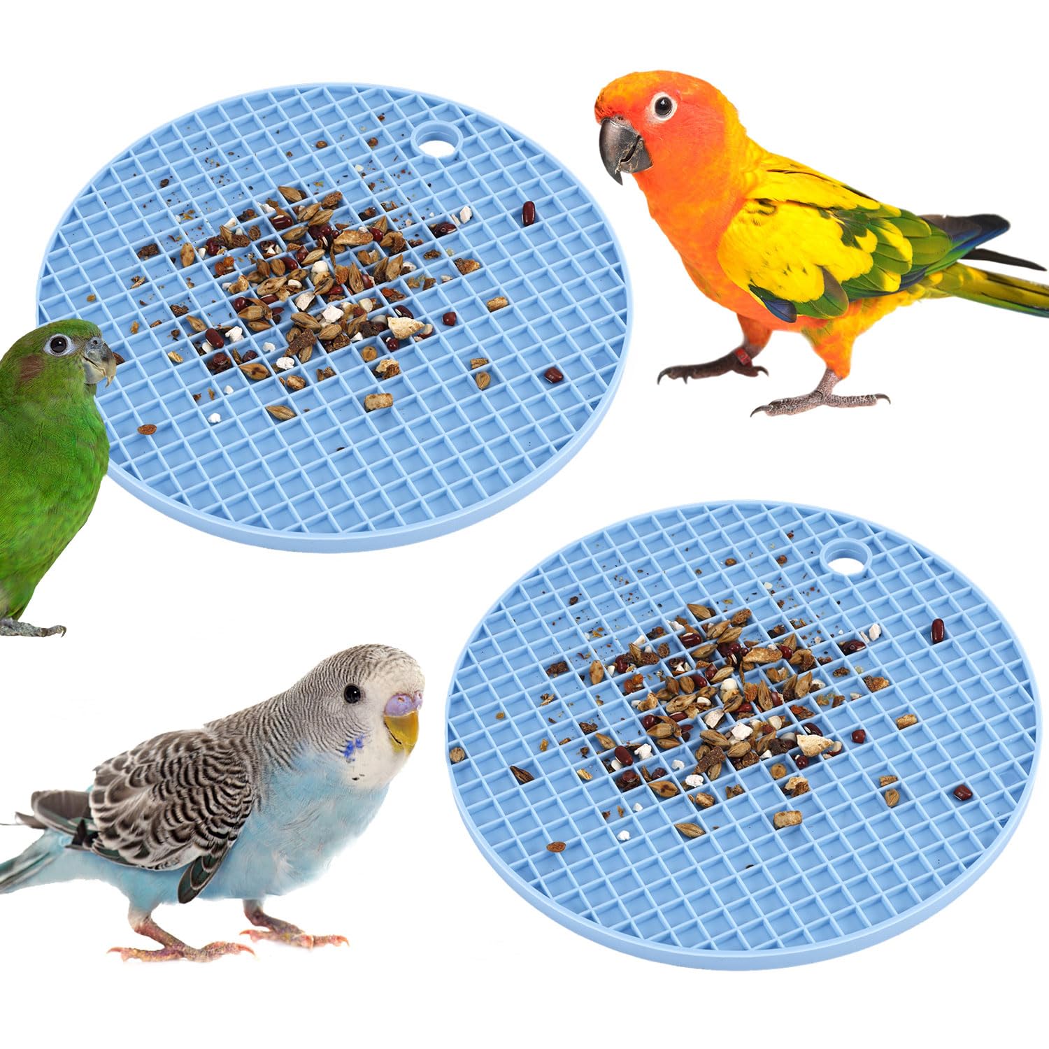 2pcs Bird Slow Feeder Mats, Parrot Foraging Toys Silicone Feeding Mat Interactive Puzzle for Pet Cockatiel Parakeet Conure Budgies African Grey (Sky Blue)