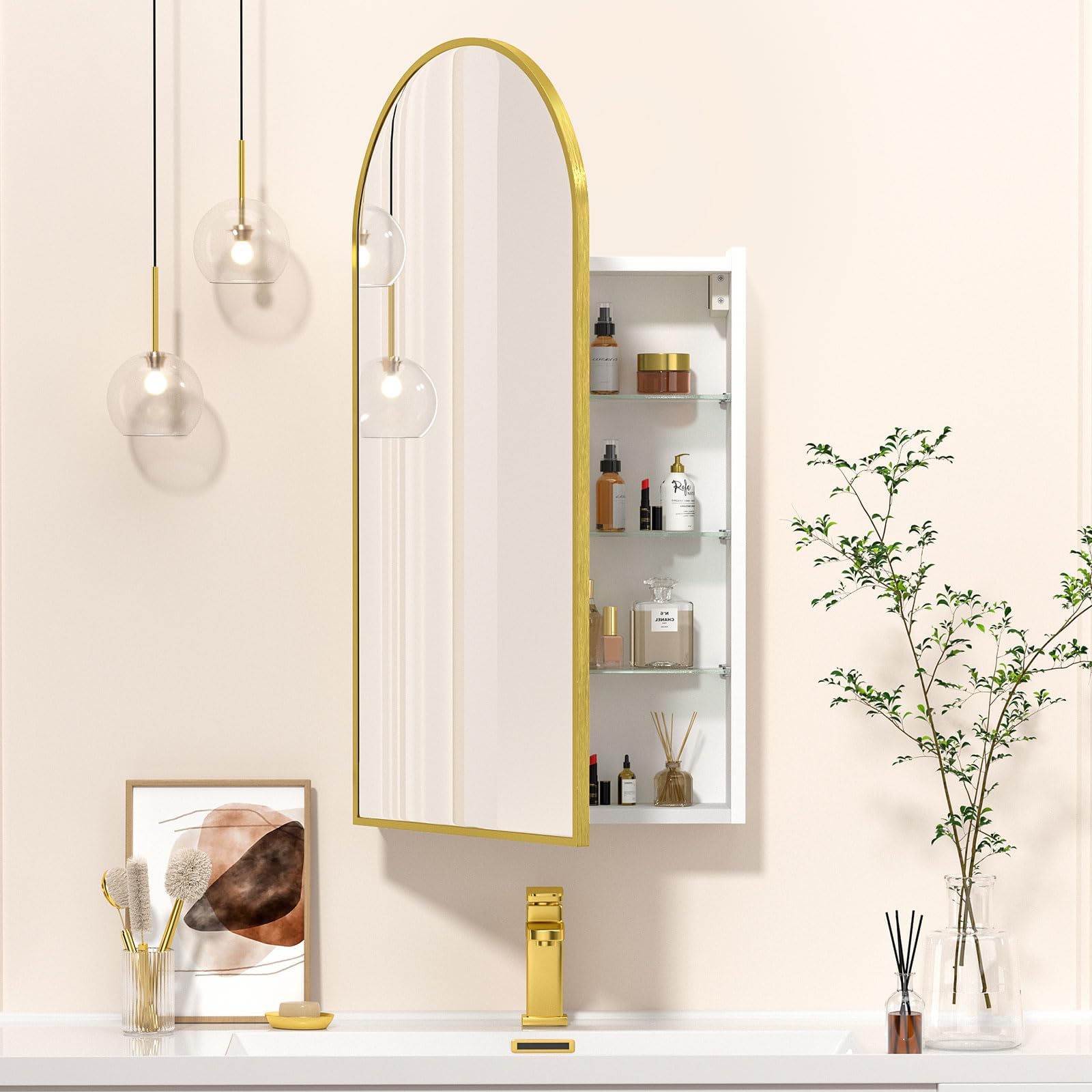 Mepplzian Bathroom Mirror with Storage,Arched Mirror Cabinet Bathroom Wall,Bathroom Cabinets with Mirror,Curved Arch Bathroom Mirror Cabinet,Brushed Gold Mirrored Bathroom Cabinets Wall Mounted,40x80