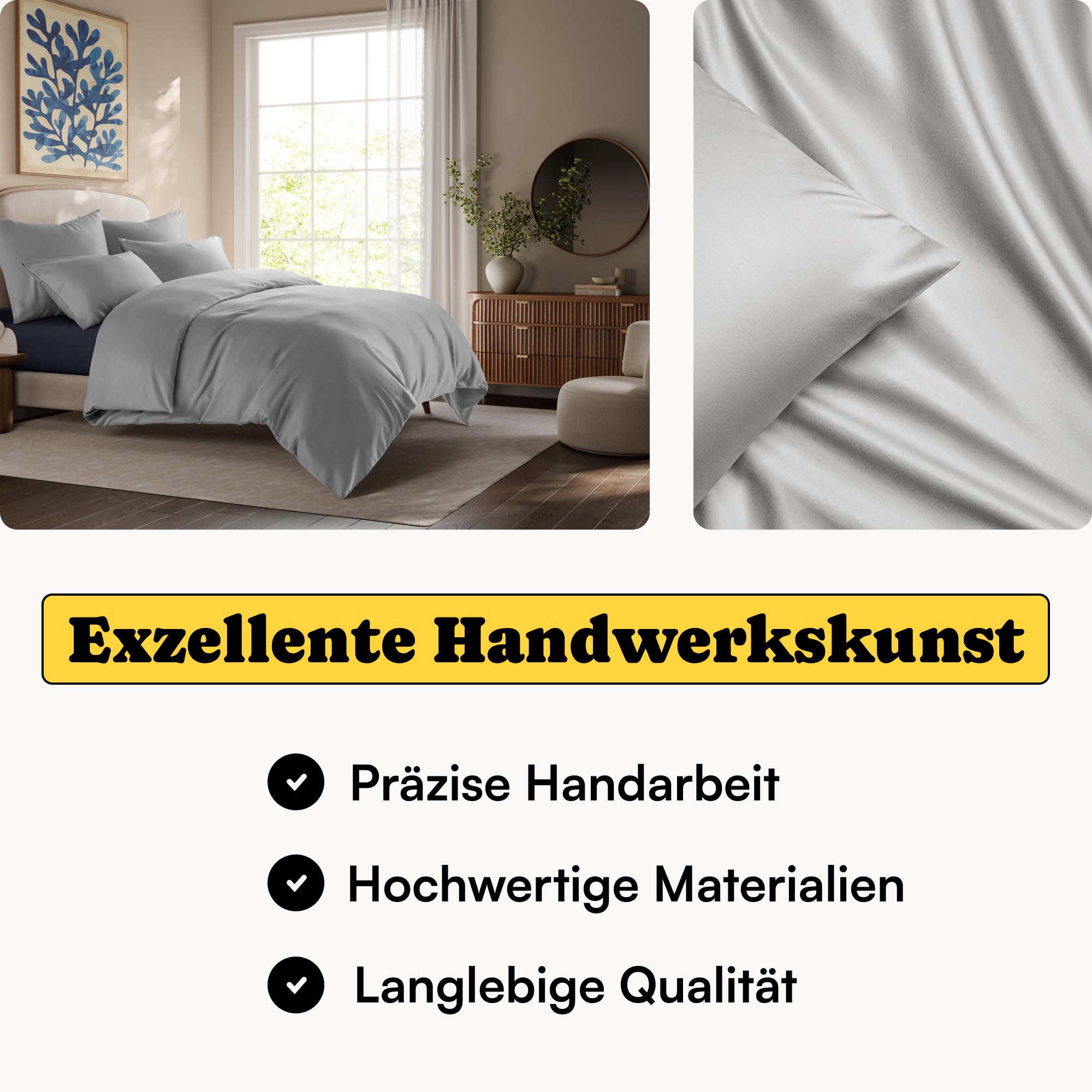 Tencel Bettwäsche 200x200 Grau Hellgrau + 80x80 cm | 100% Lyocell | besonders weiche hochwertig | Reißverschluss | Oeko-Tex | für Allergiker geeignet | Atmungsaktiv gegen Schweiß