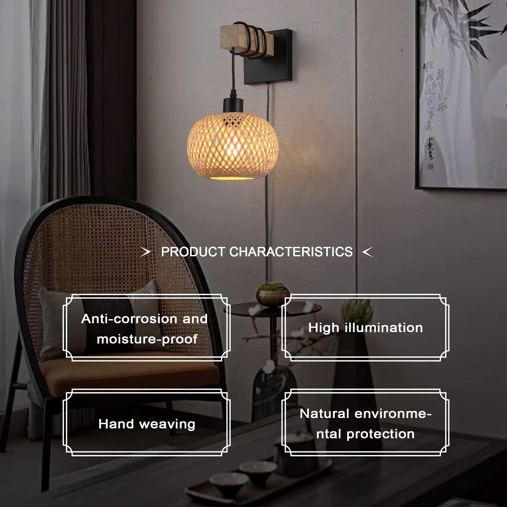 Suspension En Bambou Avec Cordon à Brancher Pour îlot De Cuisine, Lampe En Rotin Moderne à