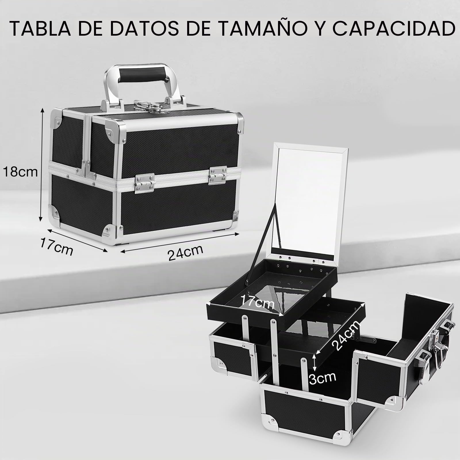 Maletín Maquillaje Profesional Negro Estuche de Maquillaje Maletín de Manicura Caja Maquillaje Joyero Cosméticos con Espejo Vacío de Viaje Regalos para Mujeres
