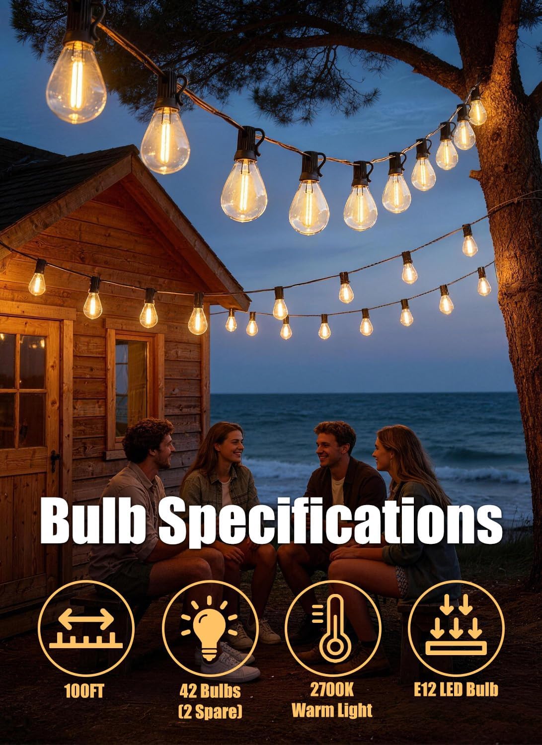 100FT Outdoor String Lights Waterproof with 40+2 Shatterproof S11 LED Bulbs, Extra Long Patio Lights Outdoor Waterproof for Backyard, Bistro Lights Outdoor, LED Lights for Outside, Cafe Lights