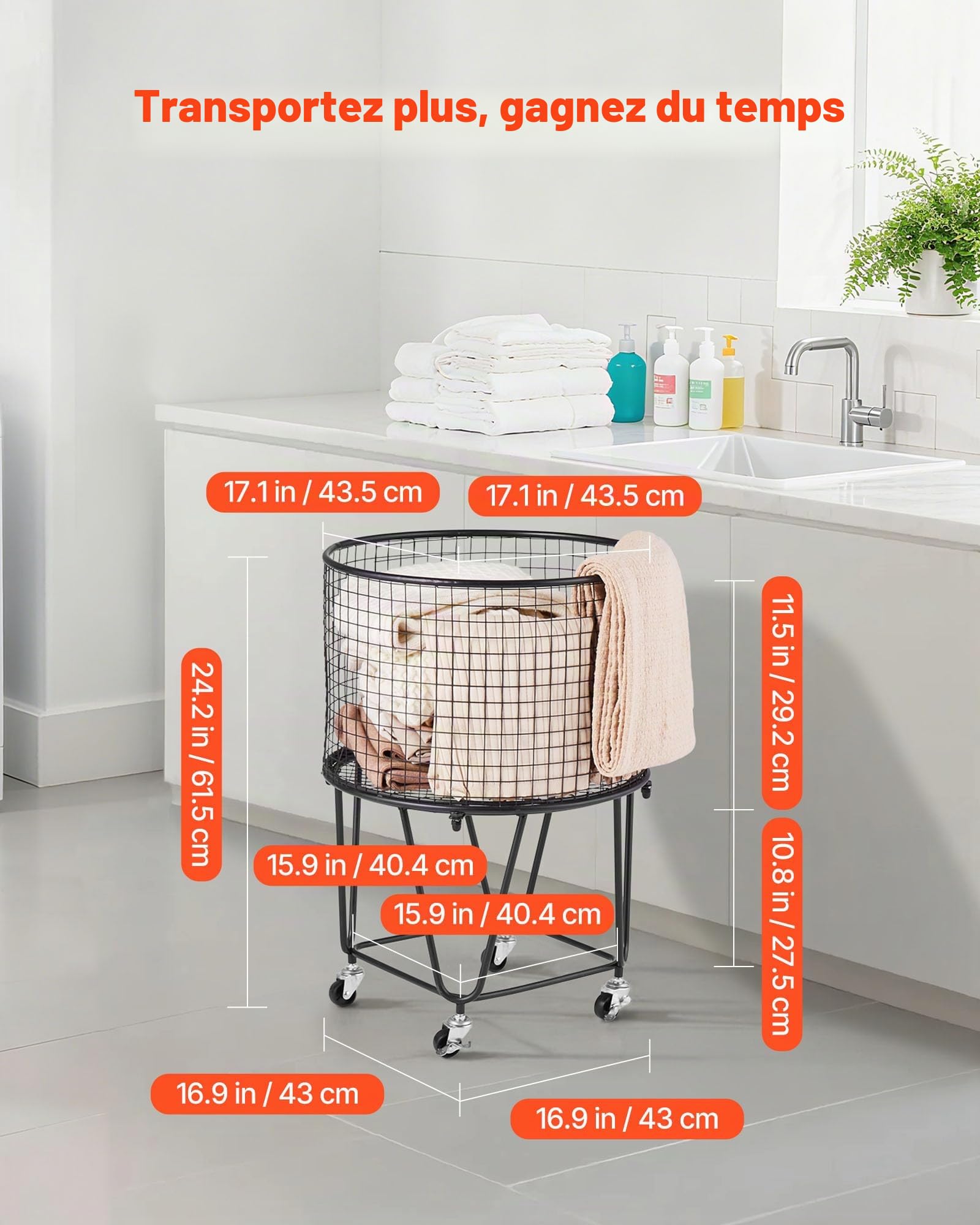 VEVOR Chariot à linge rond et mobile avec roues pivotantes à 360°, panier à linge, charge de 27,2 kg, capacité de 40 L chariot de courses robuste en acier carbone pour camping, épicerie et bagages