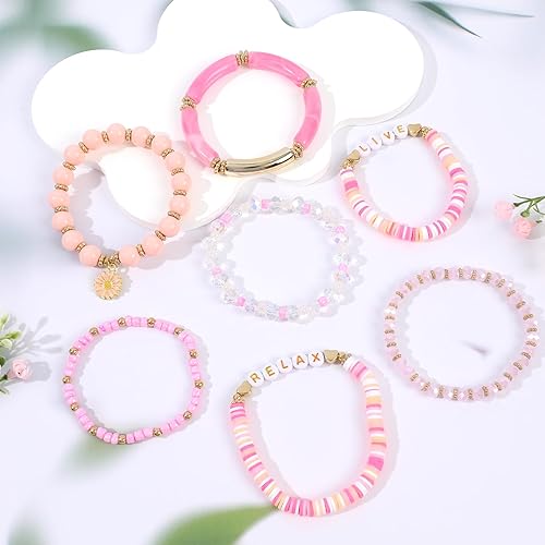 Miniatura 4 de Bohemian Colorful Beaded Bracelets for Women Boho Stackable Natural Stone Letter Clay Glass Beads Stretch Bracelet Set with Charm, Cute Rainbow