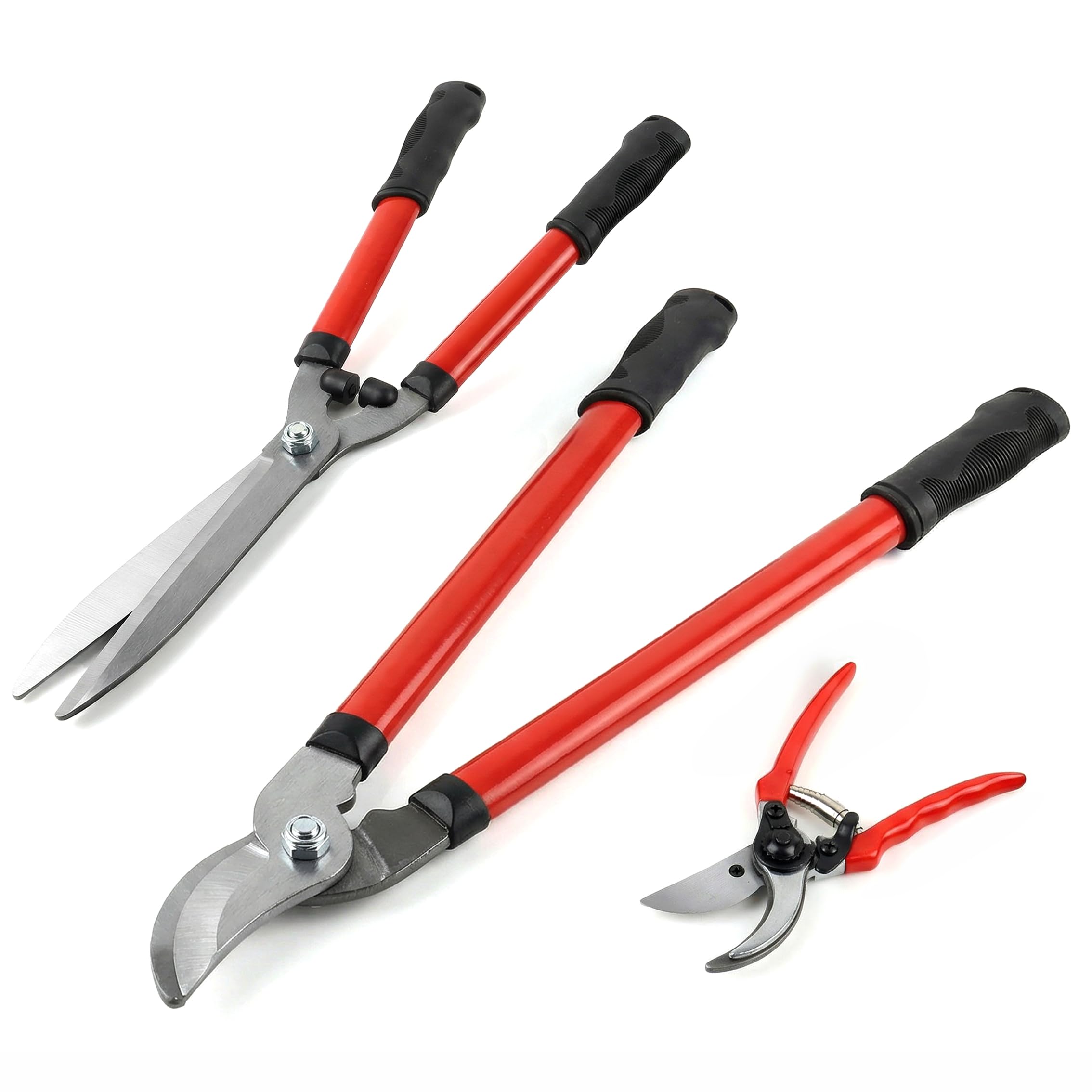 Garden Shears Set of 3, Hedge Shears - Bypass Garden Loppers - Pruning Secateurs, Professional Garden Pruning Shears, Tree Loppers with Ultra Sharp Blade Soft Grip Handle for Cutting and Trimming