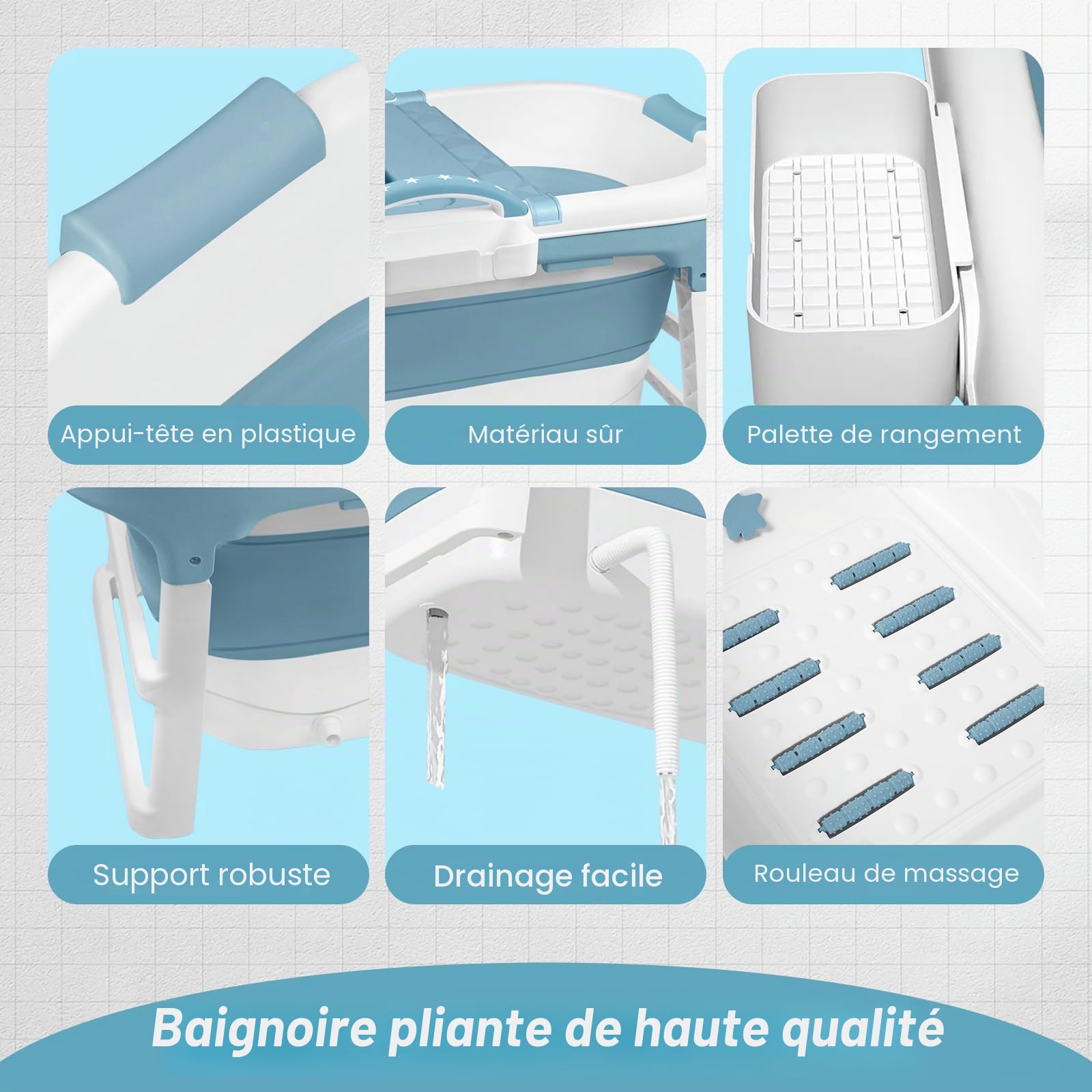 Baignoire Pliable pour Adulte - 148 x 62 x 53 cm - Mobile avec Couvercle - Panier à Savon Portable - Roulettes de Massage - Idéal pour Petites Salles de Bains