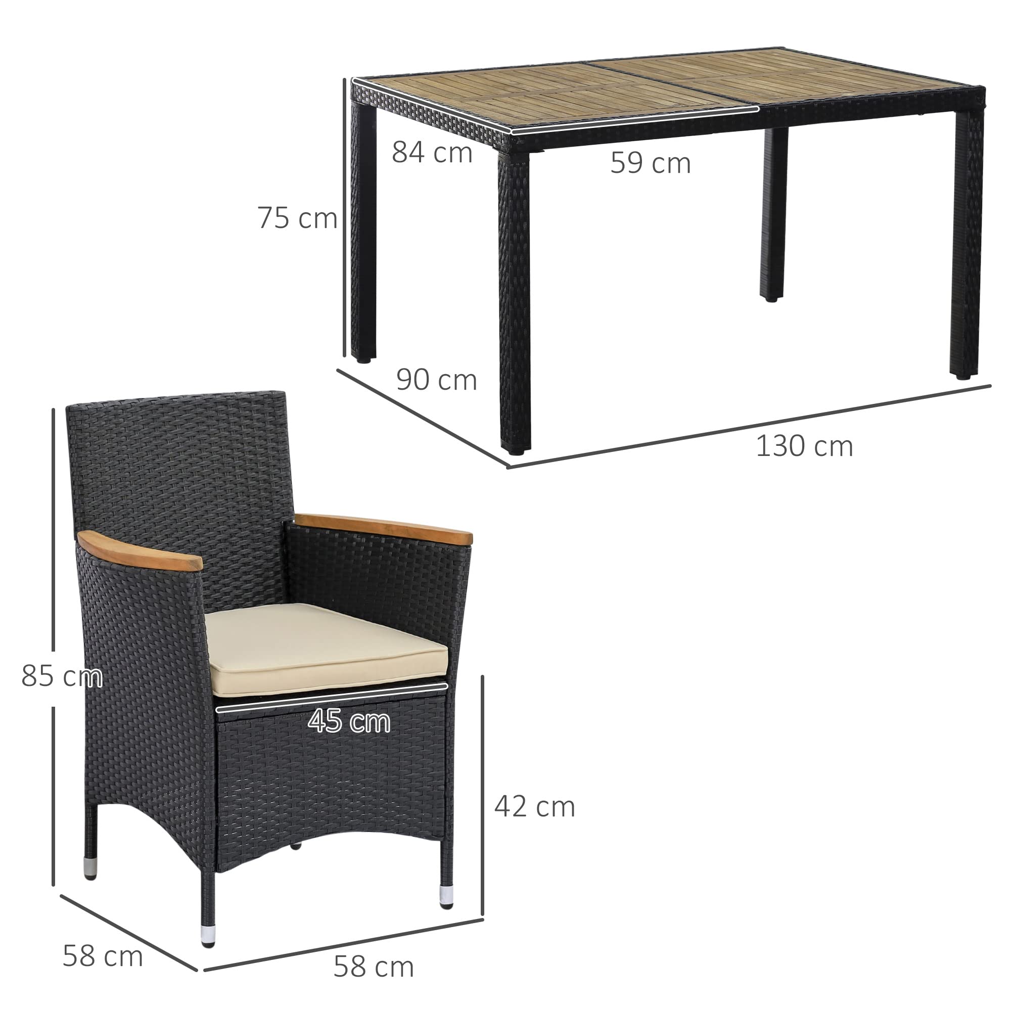 Outsunny Ensemble Salon de Jardin 6 Personnes Table à Manger rectangulaire 6 fauteuils Coussins lavables Acier résine tressée PE Bois d'acacia Noir et Beige