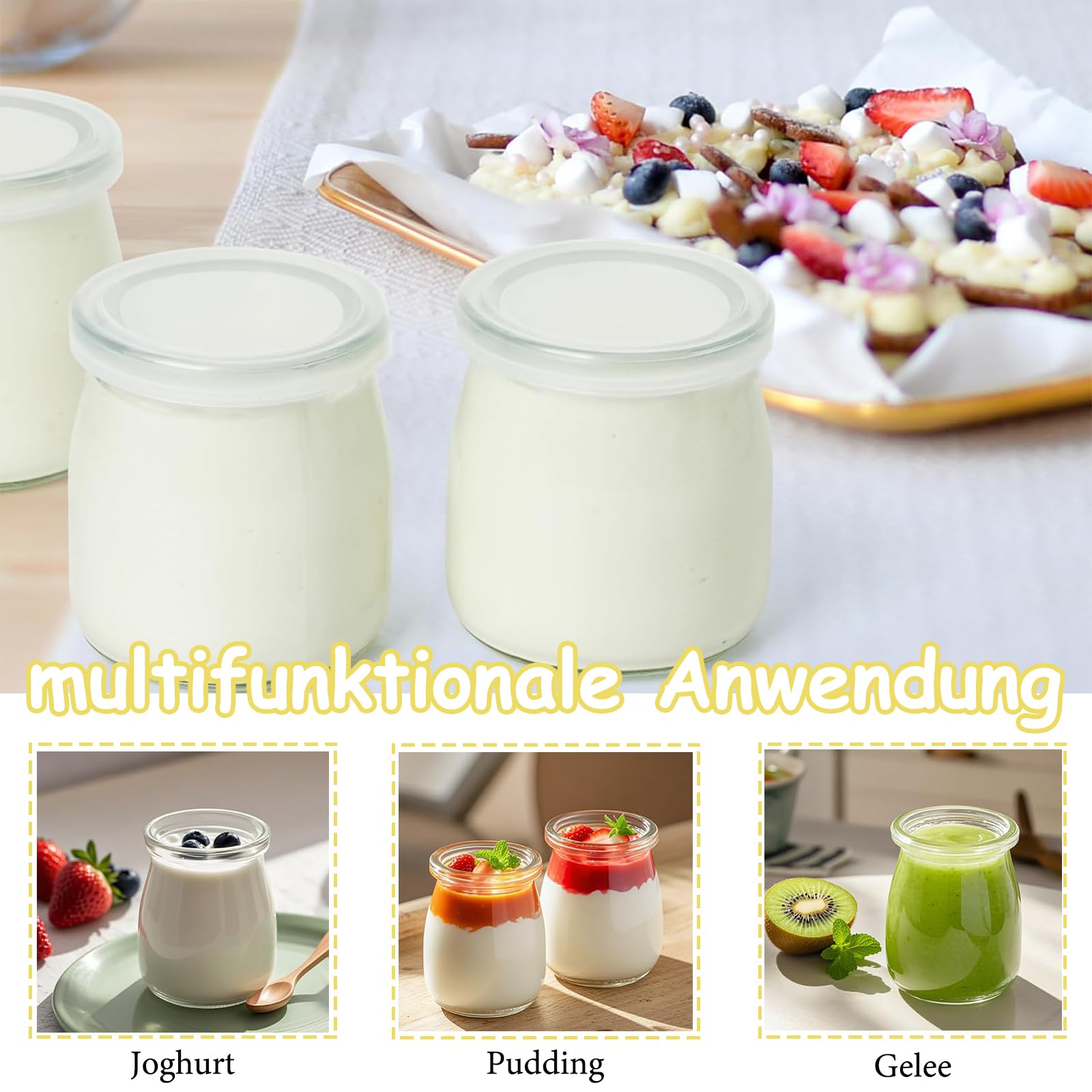 Tarros de Yogur, 12 Piezas Vasos de Yogur con Tapa, 200 ml Tarros de Postre Transparentes, Pequeños Tarro de Mermelada, Tarro de Cristal pare Yogures, Postres y Natillas, para Miel, Jaleas - 5