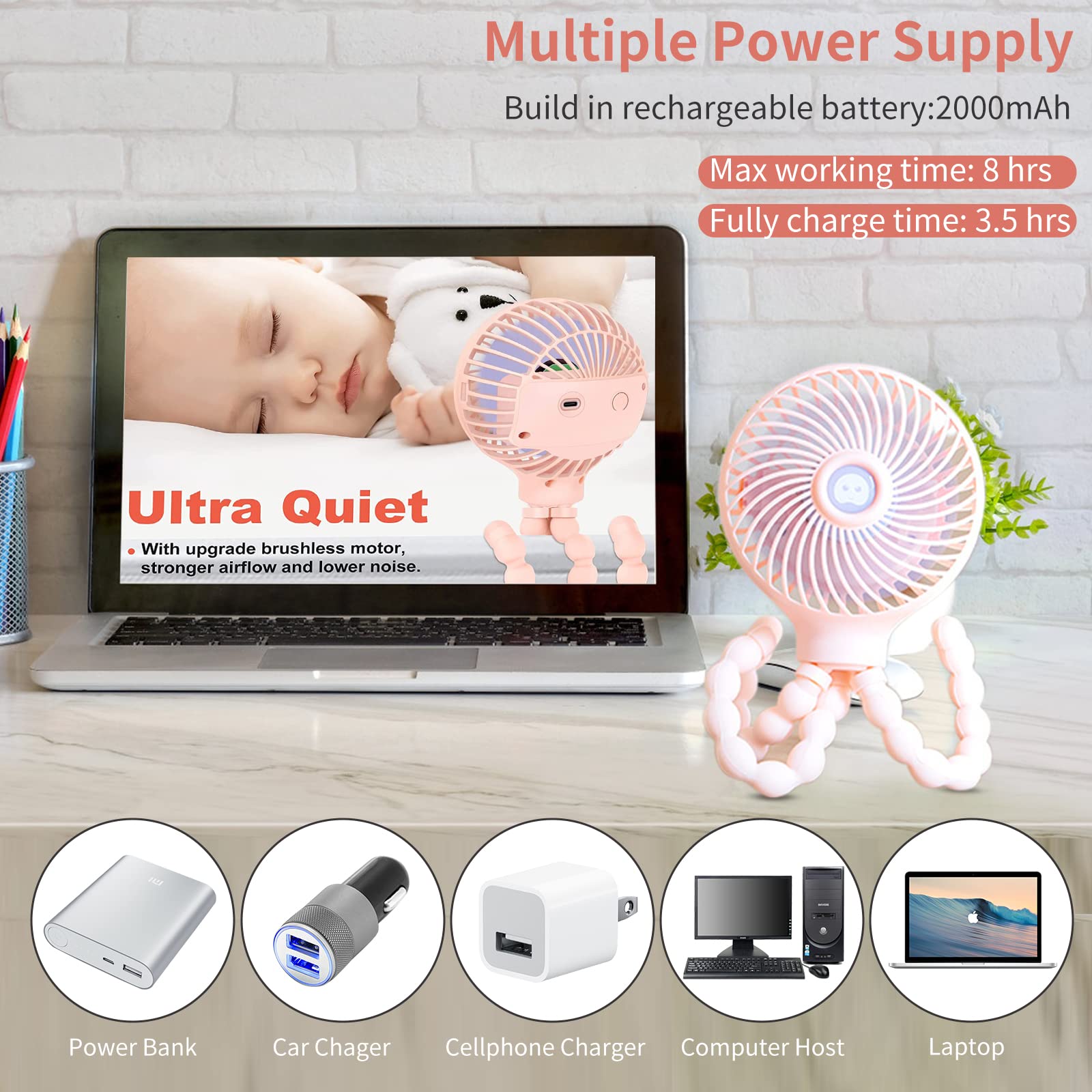 Ventilatore Da Passeggino Ricaricabile USB - 3 Velocità, Treppiede Flessibile E Clip - Foto 9