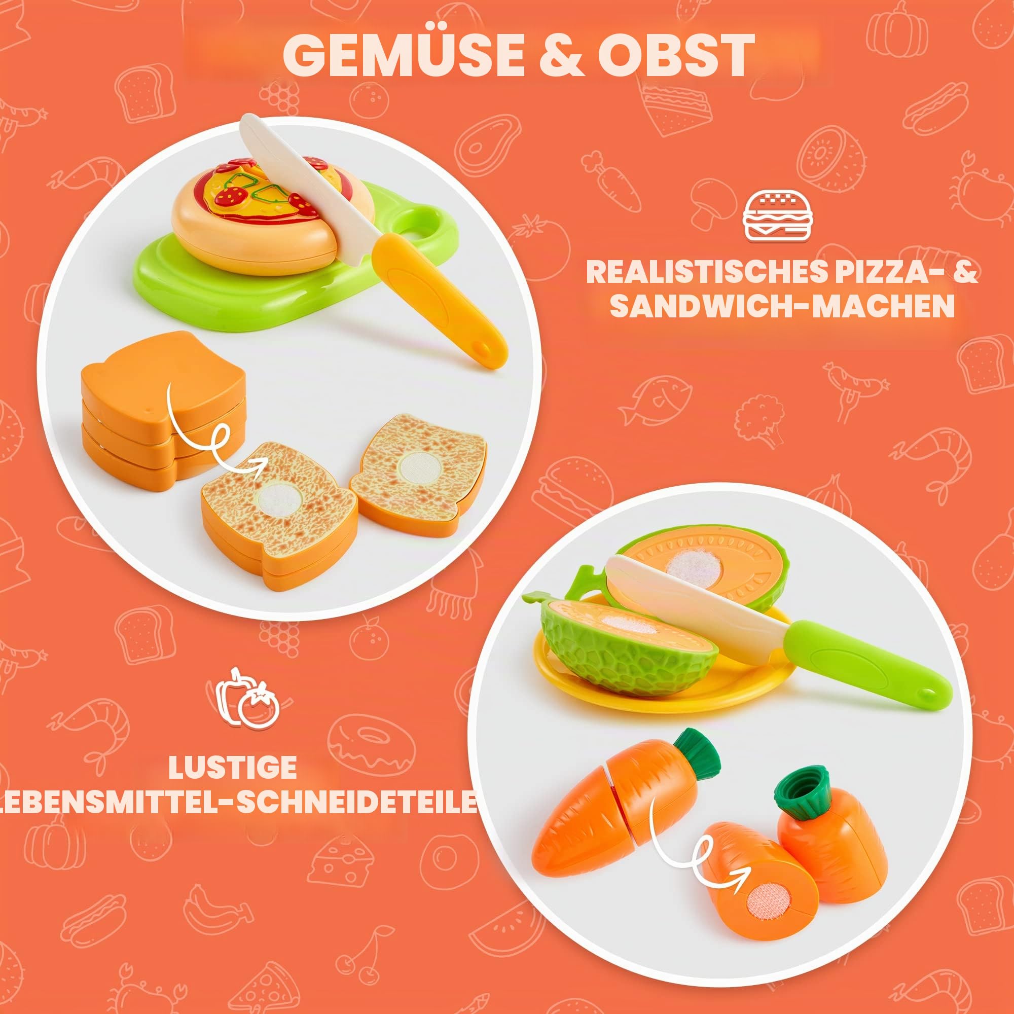 JOYIN 68-teiliges Spielzeug-Lebensmittel-Set zum Schneiden für Kleinkinder – Küchenspielzeug, Gemüse-und Obst-Spielzeug, Aufbewahrungskorb & Schneidezubehör, Geschenk für Jungen und Mädchen