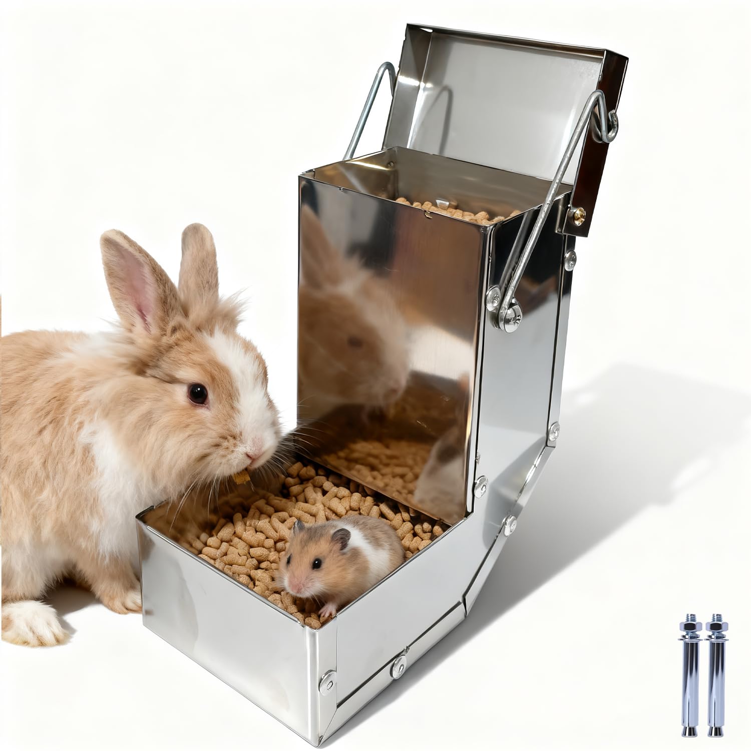 Outdoor Small Animal Stainless Steel Gravity Feeding Trough Pet Feeder Durable with Lid Cage Rabbit Feeder Holds Several Days Worth of Food (4 Inch