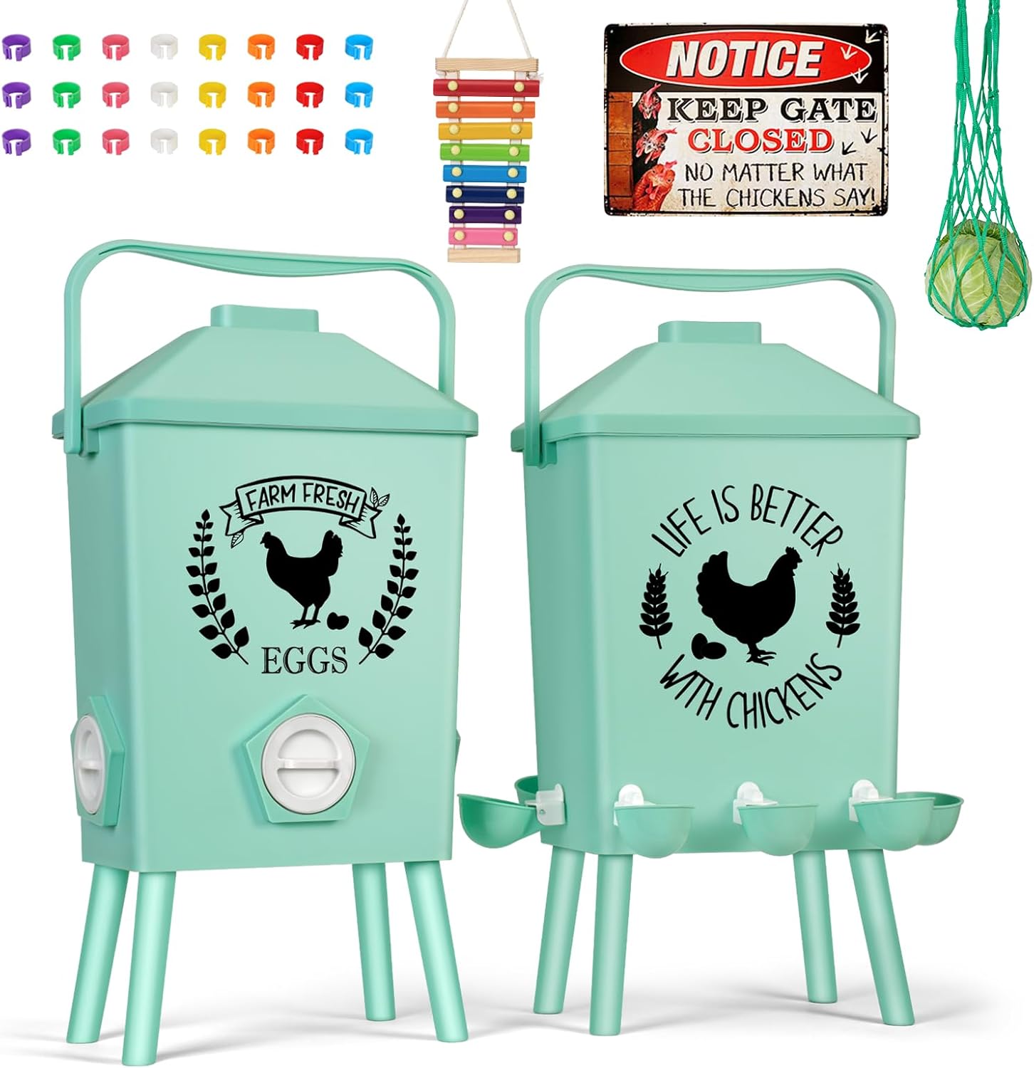 Tgeyd Automatic Chicken Feeder and Waterer Set(4.2Gal/21Lb) with Stand Legs, Anti-Perching Roof, Gravity-Fed System for Poultry,Chicken Coop Accessories