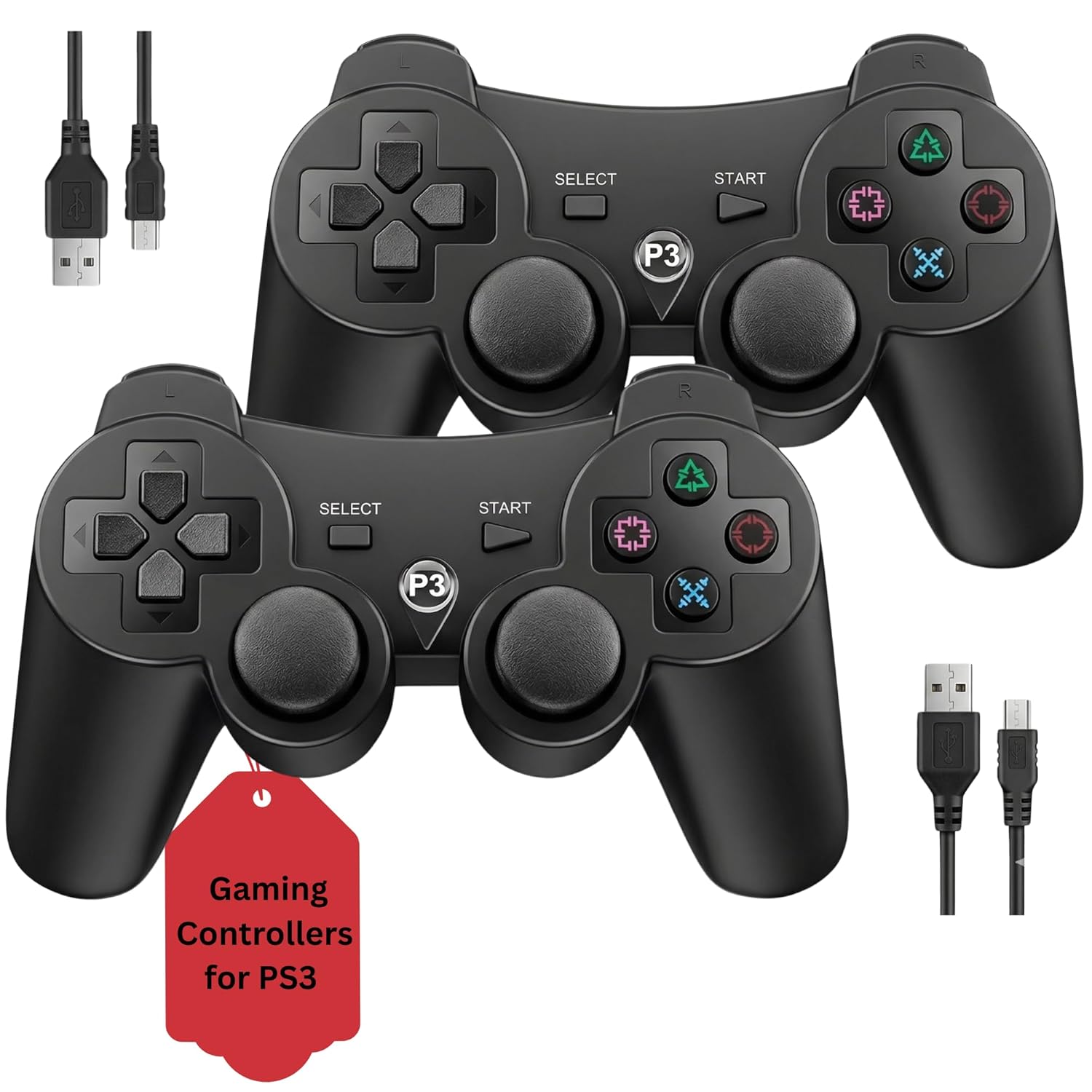 Hopevry 2 Pack Controller for PS3 | Wireless Controller for Sony Playstation 3 | Double Shock 3, Bluetooth, Rechargeable, Remote for PS3 | Including 2 USB Cables (Black)