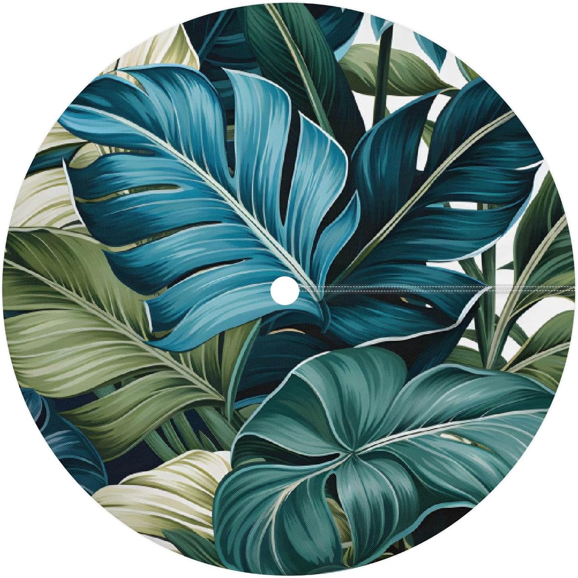 Tropical Palm Leaves Pattern Outdoor Tablecloth with Umbrella Hole, Round Elastic Fitted Table Cloth with Zipper, Waterproof Picnic Patio Table Covers Fits 36-44 in Tables