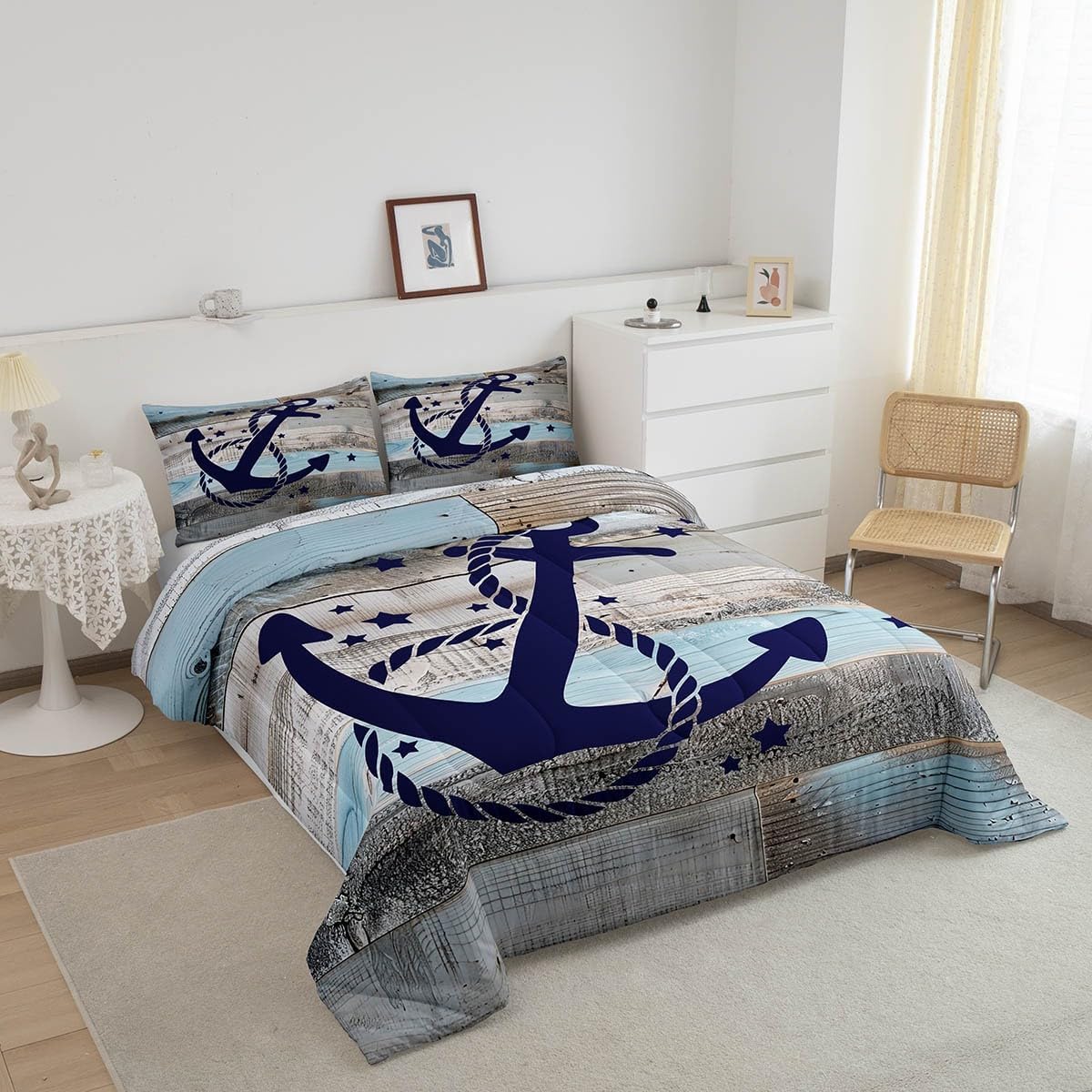 Coastal Nautical Bedding Sets Queen Navy Blue Anchor Comforter Set for Kids Boys Teen Rustic Farmhouse Wooden Board Comforter Retro Ocean Sailing Boat Quilt Duvet with 2 Pillow Cases Retro Grey