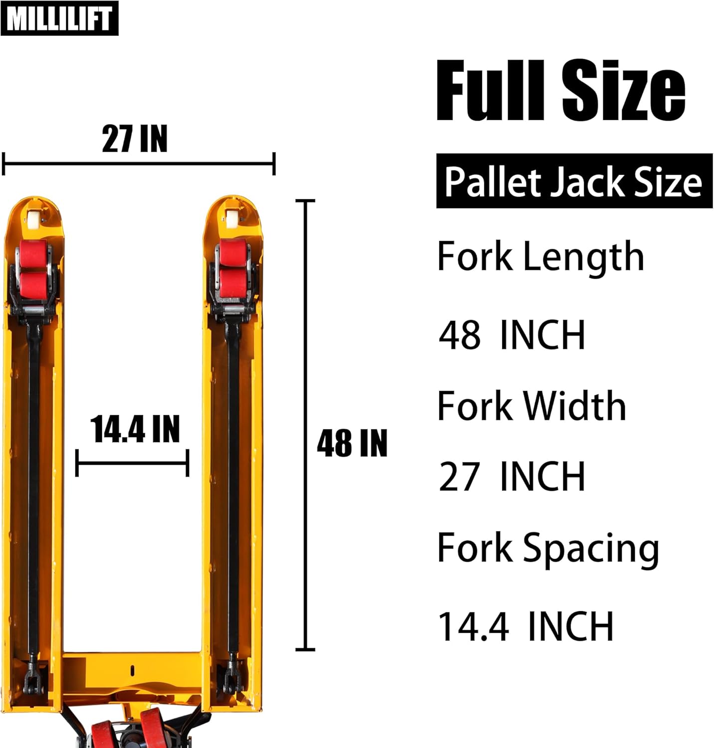 Manual Pallet Jack, Fork Size 48" L x 27" W, 6600LB Capacity, Yellow | Heavy-Duty Hand Pallet Truck for Warehouse, Construction, Market, Port Use | CE Certified