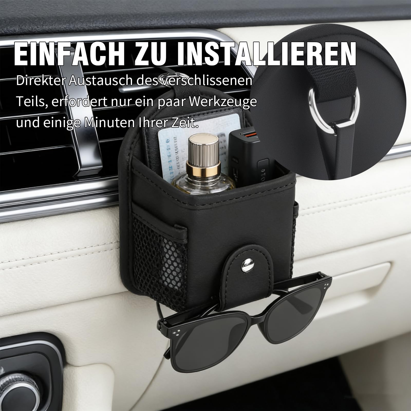 Auto PU-Leder Luftauslass-Organizer, universelle Aufbewahrungstasche für Sonnenbrillen, Handys, Schlüssel und kleine Gegenstände, multifunktionales Auto-Innenzubehör.