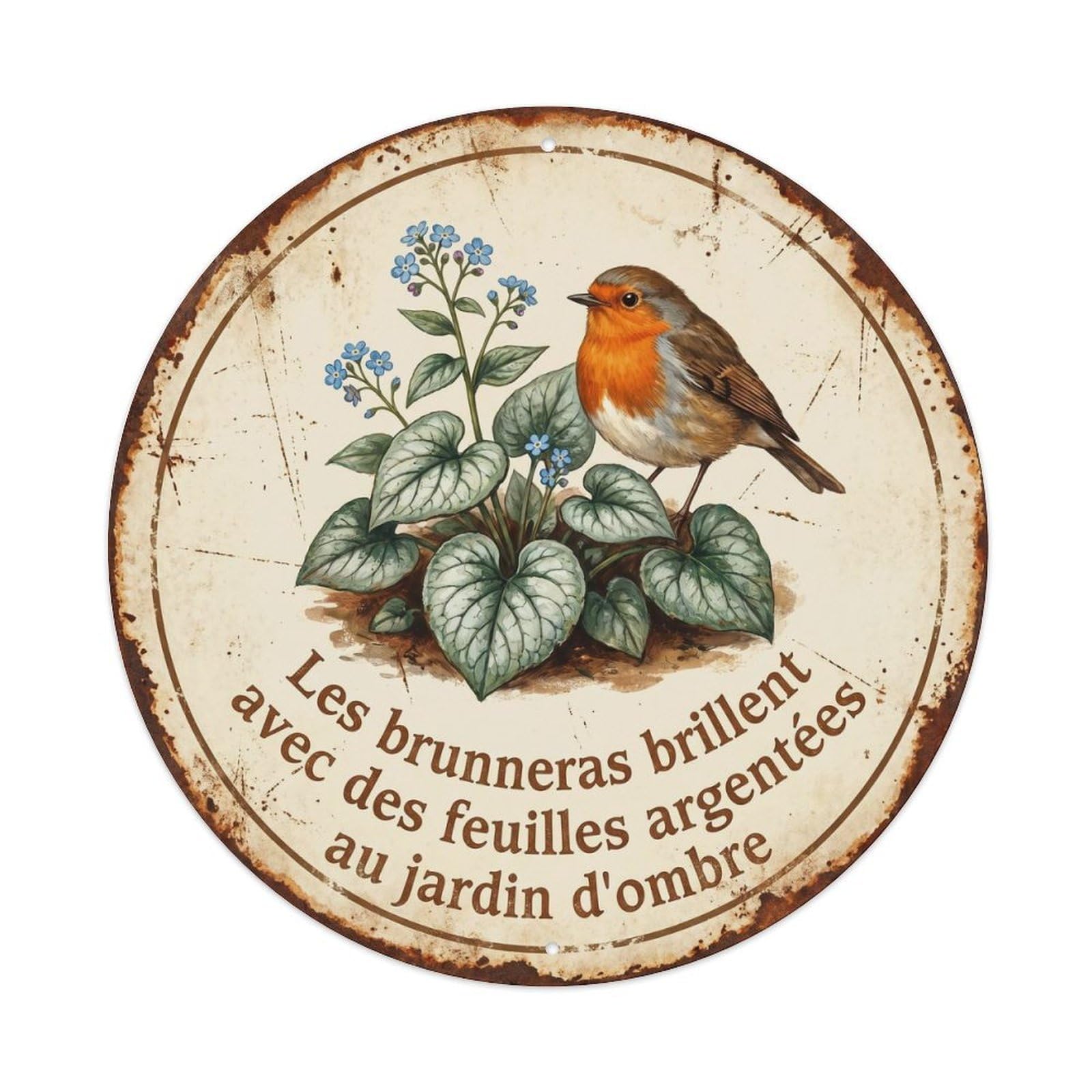 Robin Bird Garden Quote Brunnera RoundMetal Tin Sign