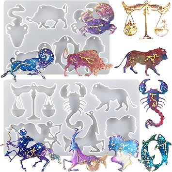 Zodiac Constellation Resin Molds, 2 Pieces 12 Constellation Zodiac Animal Resin Epoxy Molds for Zodiac Keychain DIY Pendant Jewelry
