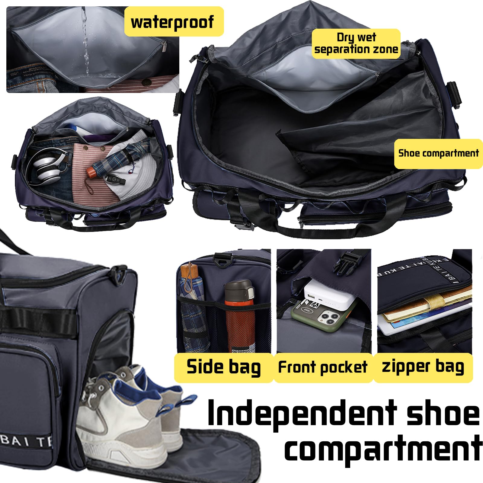 Borsone da Viaggio da Uomo e Donna, 65L Borsa Sportiva Grande con Scomparto per Scarpe, Scomparto Umido, Impermeabile, Borsa da Nuoto, per Notte Weekender