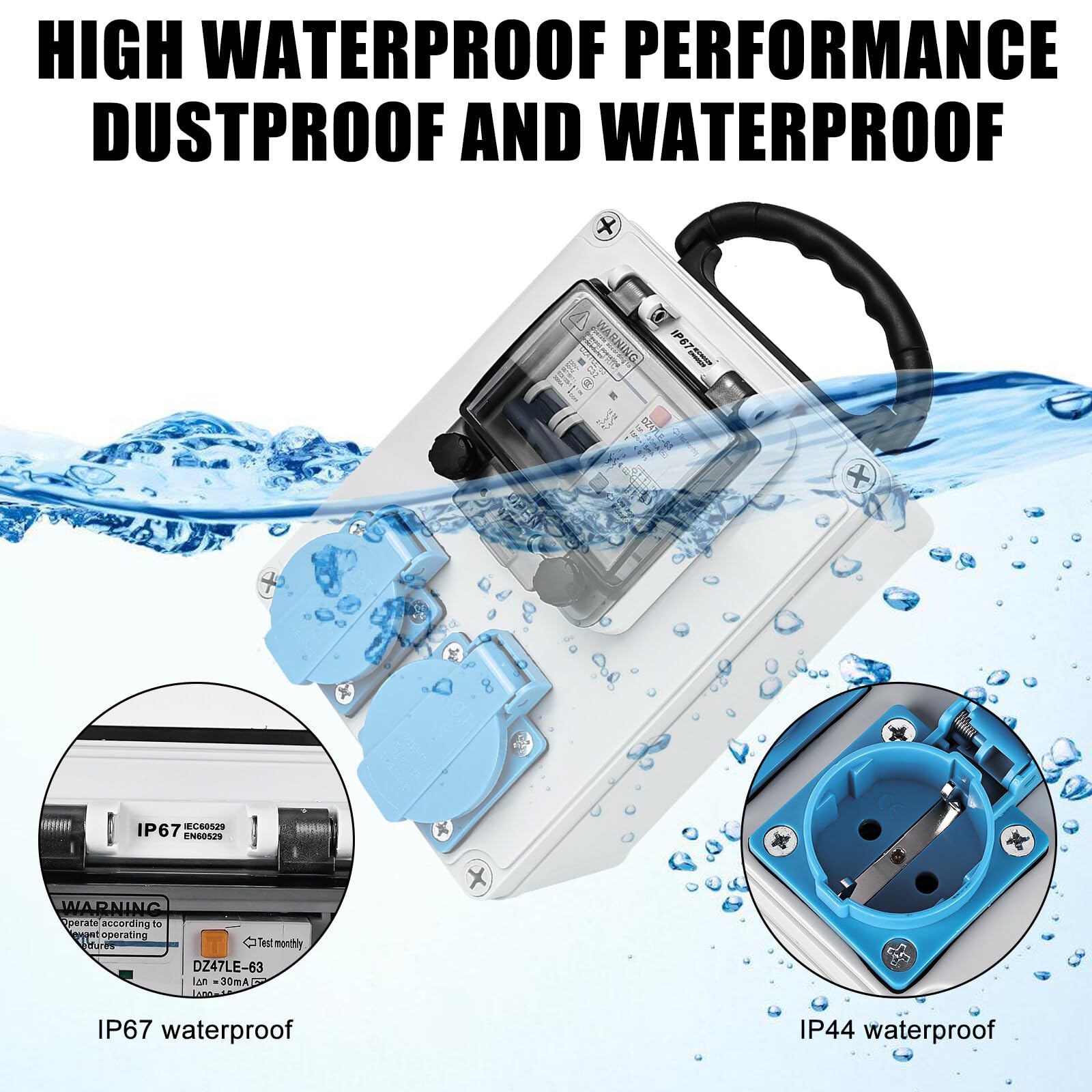 Distributore di corrente da costruzione, distributore di corrente con interruttore FI, distributore a parete 2 X 16A, 250 V 2P, 2 spina Schuko AC, alloggiamento IP67/presa IP44, impermeabile