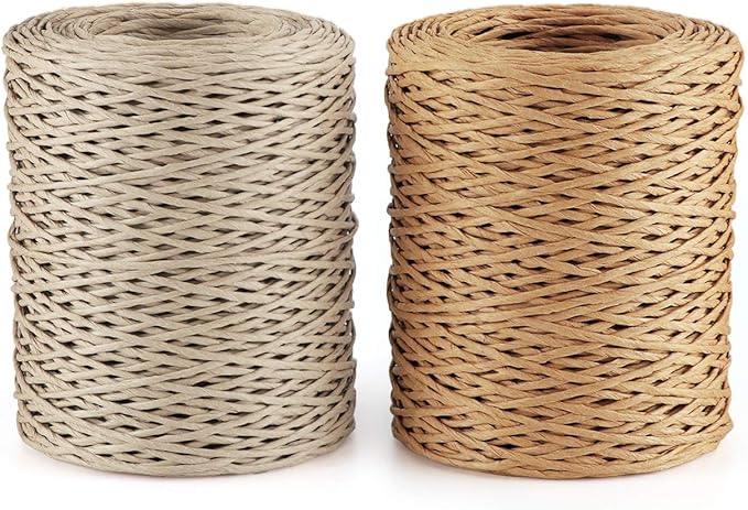 ilauke Hilo de papel de hierro 2 x 100 m, hilo natural de papel,Cuerda de Papel de Rafia Natural cuerda de macramé para embalaje de ramo de Navidad, boda, arreglo de flores, color natural y marrón