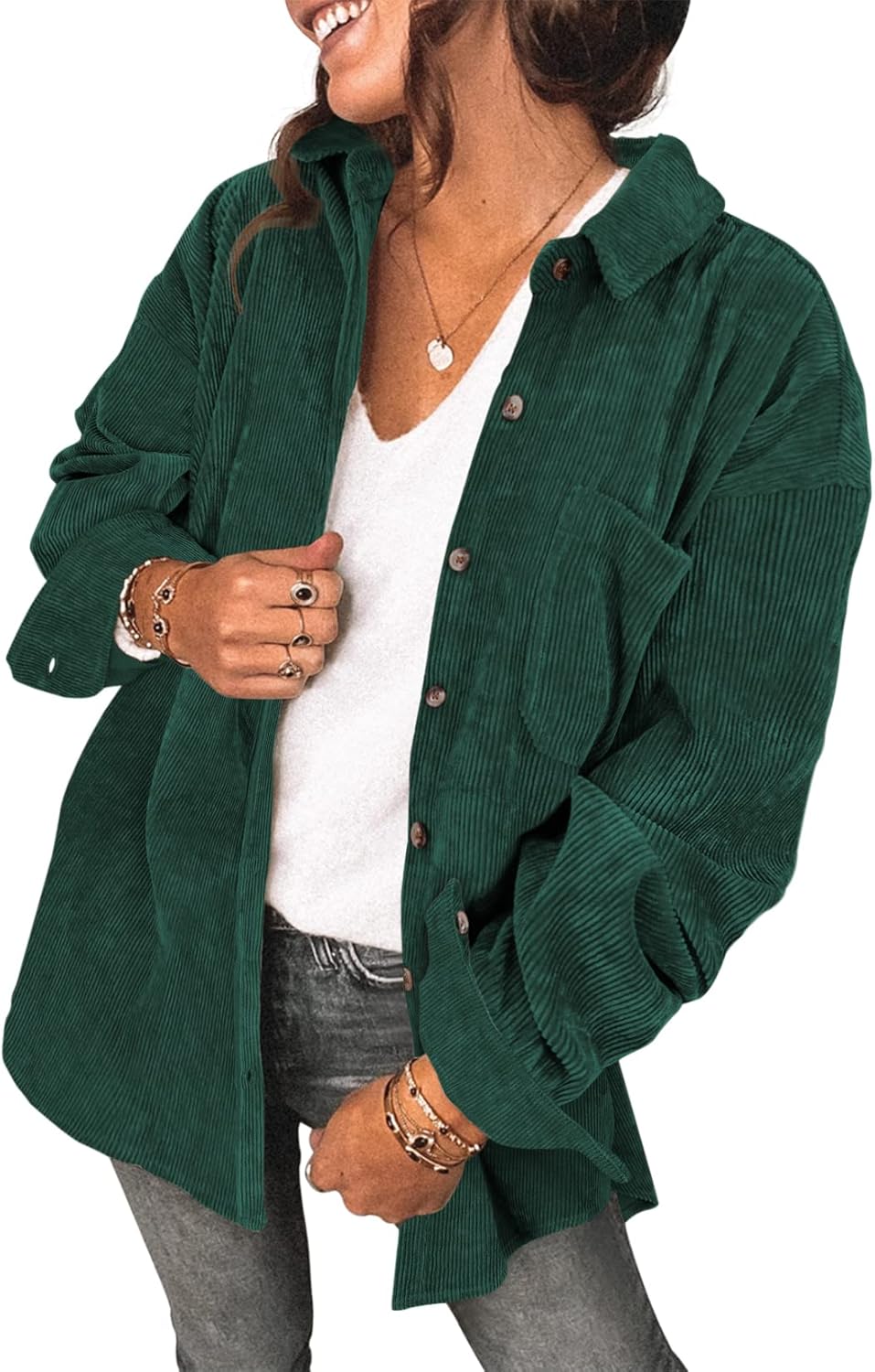 Saslax Womens Corduroy Shirt Long Sleeve Oversized Button Up V Neck Blouses Tops Loose Shacket Jacket