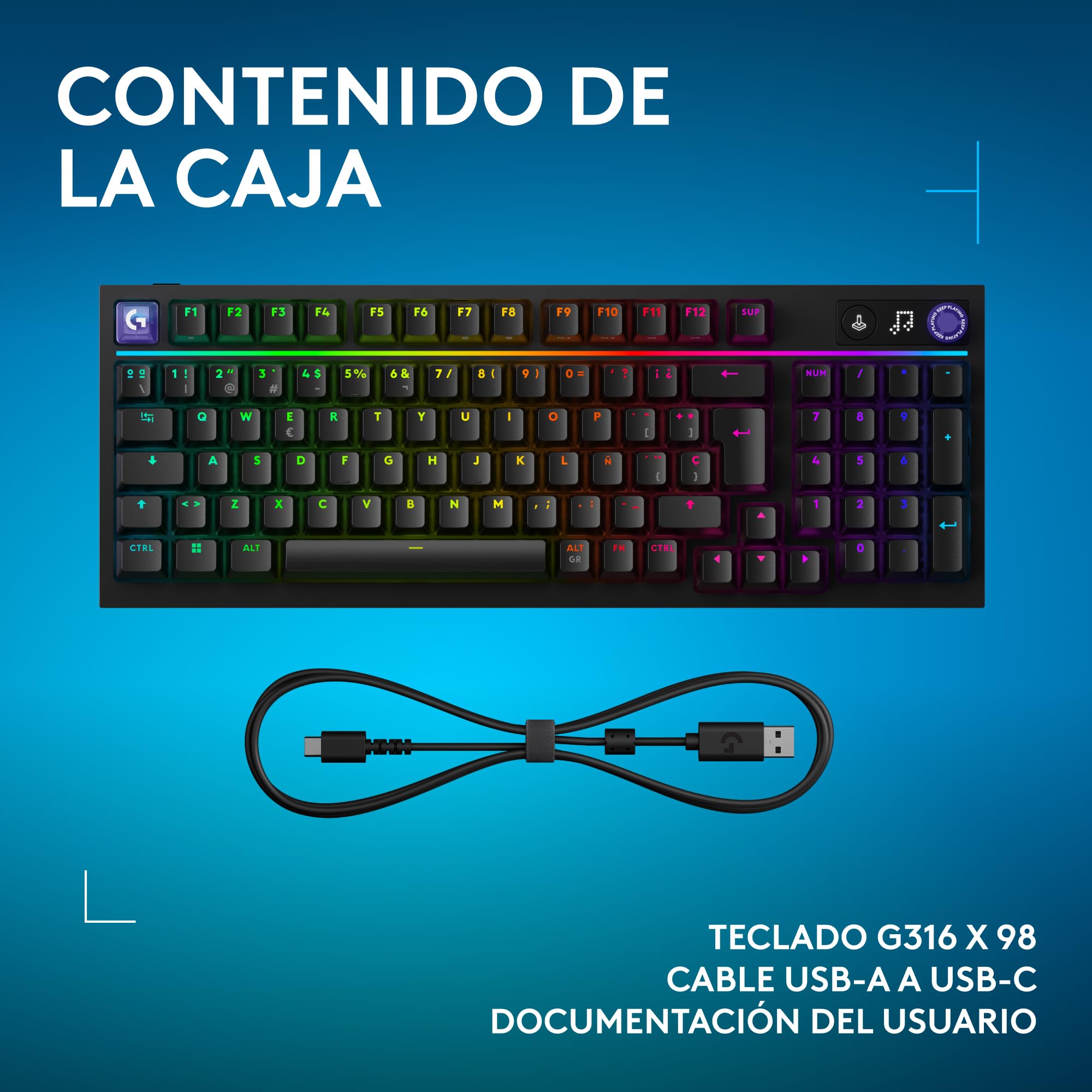 Logitech G G316 X 98, Teclado Gaming, 8kHz, interruptores táctiles Hot-Swap, con Junta, Pantalla LED Matriz y Control Giratorio, Teclas PBT Doble Moldeado, USB-C, RGB, PC, ESP QWERTY - Negro