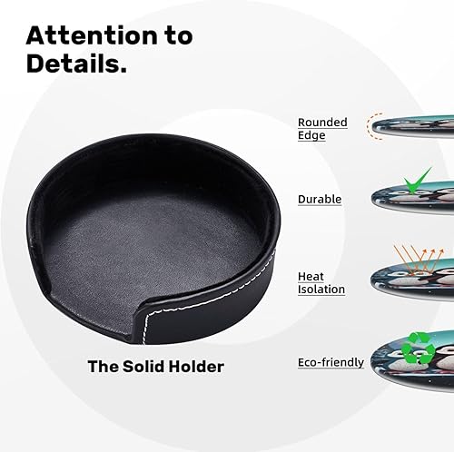 Miniatura 9 de Juego de 6 posavasos con diseño de pingüinos para bebidas con soporte antideslizante de cuero, posavasos redondos para protección de mesa, tapete