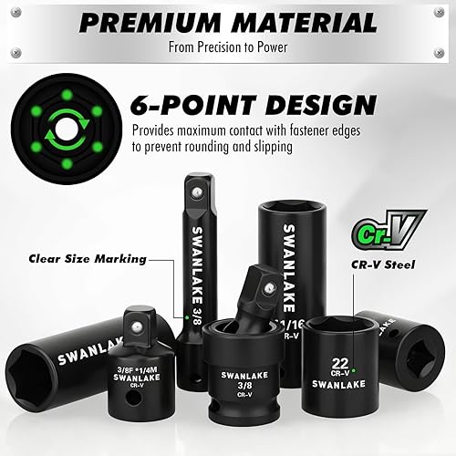Miniatura 12 de SWANLAKE - Juego de 9 llaves de impacto métricas de 1/2 pulgada, tuerca de eje de husillo, 1.142 in-1.496 in, CR-V