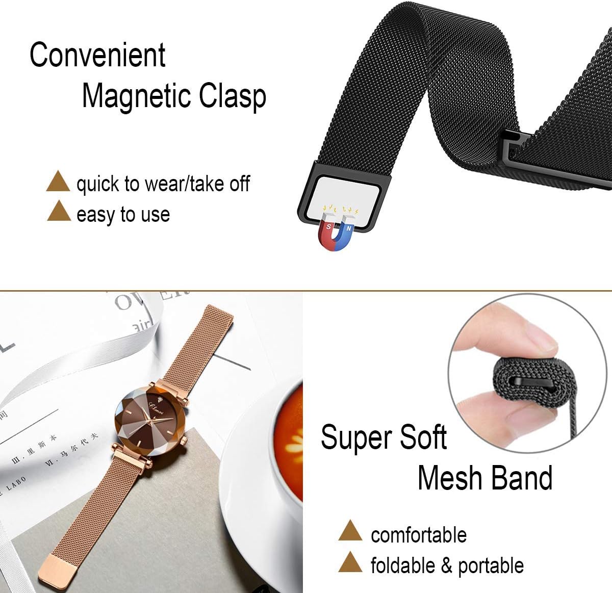 MASTOP Fashion Women Watch Crystal Face Magnetic Strap Rose Gold Stainless Steel Mesh Band Bracelet Wrist Watch