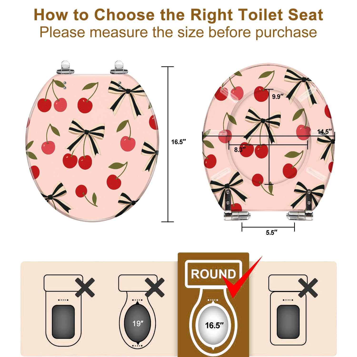 Round Toilet Seat seamless pattern red tones cherry striped black pastel peach Resin Toilet Seat Quietly Close Quick Release Hinges with Cover Bumpers Decorative Easy to Install Clean