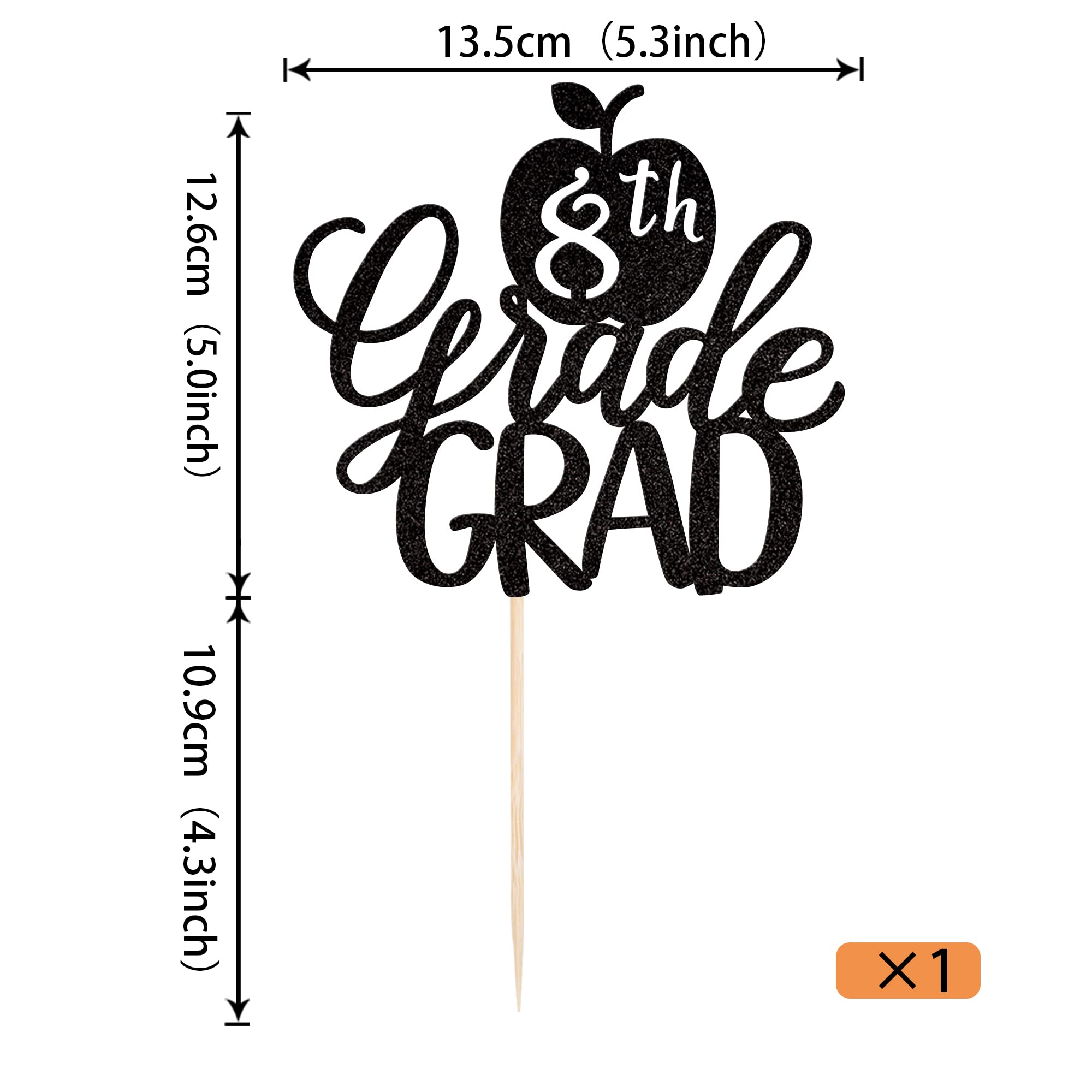 1 Pack 8th Graduation Cake Topper with Glitter 8th Grade Grad 2024 Graduation Cake Pick Grad Cake Decorations for Boys Girls Eight Grade Grad Graduation Theme Party Cake Decoration Supplies Black