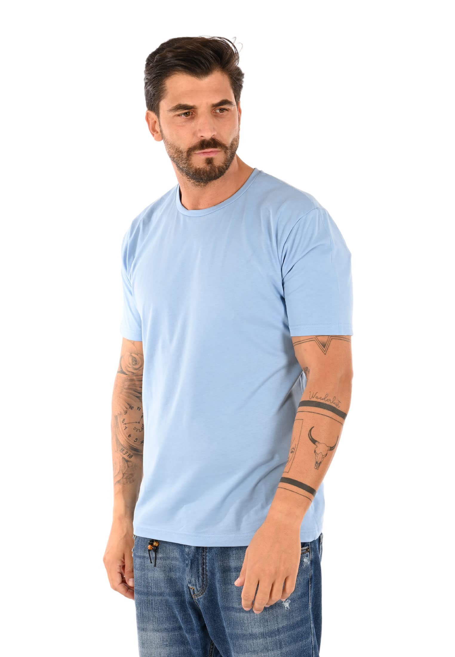 T Shirt męskie okrągły dekolt bawełna z krótkim rękawem, Celeste, XL