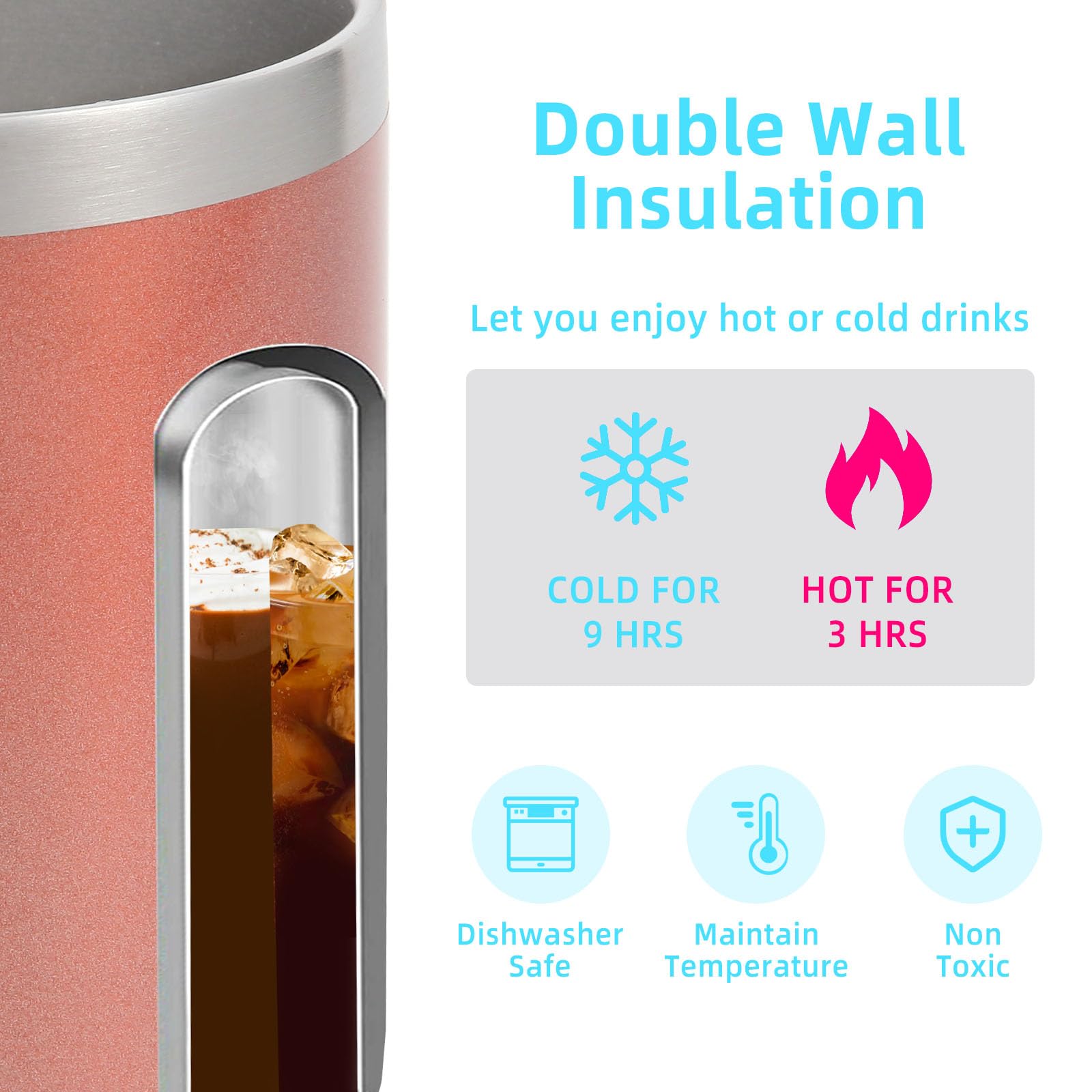 Volhoply 14oz Insulated Stainless Steel Coffee Mug with Leakproof Lid,Double Wall Vacuum Travel Coffee Cup with Handle,Reusable Metal Tumbler,Camping Mugs Keep Hot,Christmas Gifts(Rose Gold,1) - Image 3