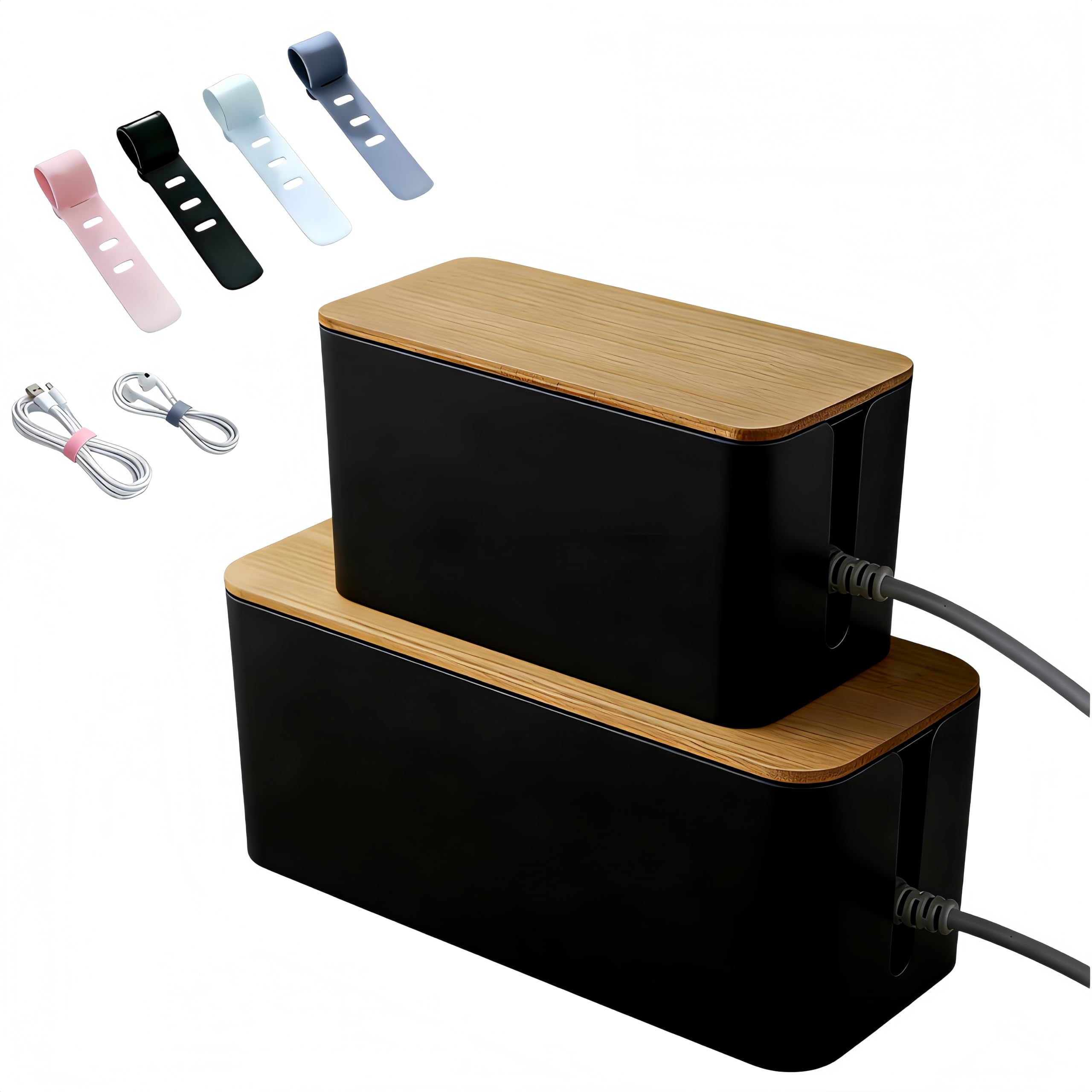 Photo 1 of 1 Large + 1 Small Cable Management Box Set – 2-Piece Cord Organizer Box, Home Office Desk Wire Storage & Cable Management Solution (Bamboo Lid/Black)