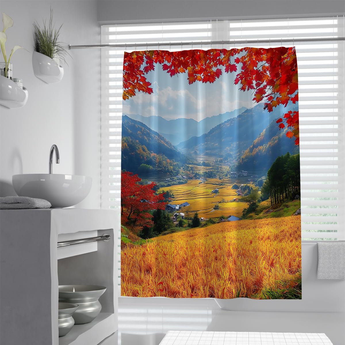 UERWOWELL Autumn Harvest Landscape Shower Curtain Maple Leaves Terrace Rice Field Rural Village Scene Shower Curtain Nature Aesthetic Bathroom Decoration W150xL200 cm