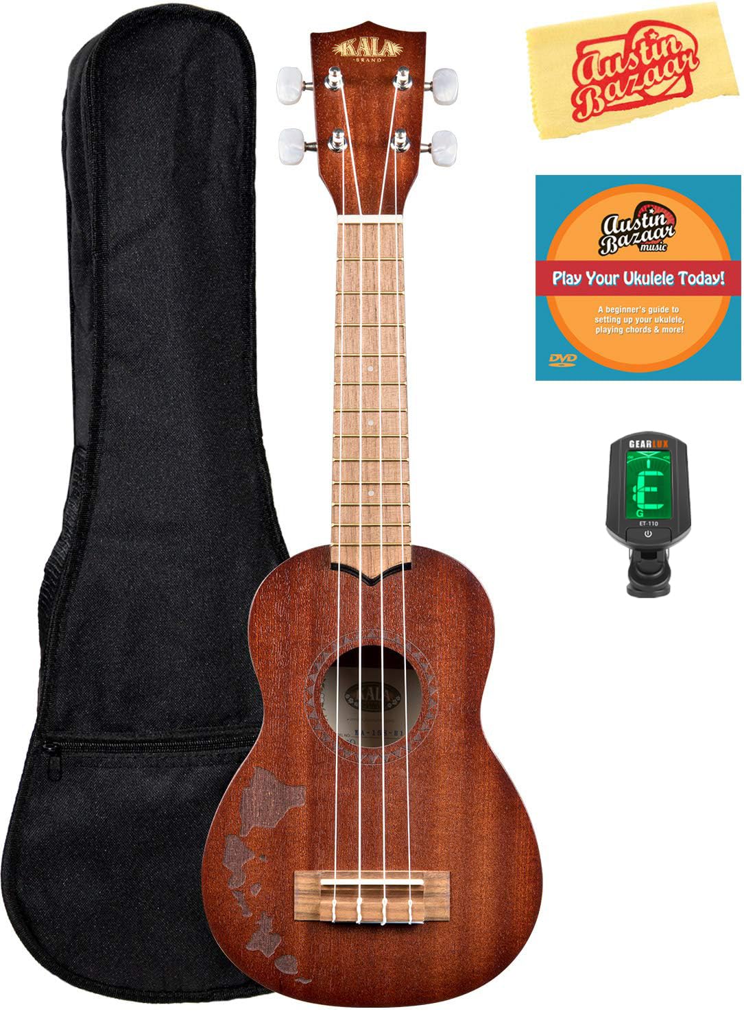 Kala KA-15S-H1 Satin Mahogany Soprano Ukulele - Hawaiian Islands Bundle with Gig Bag, Tuner, Austin Bazaar Instructional DVD, and Polishing Cloth