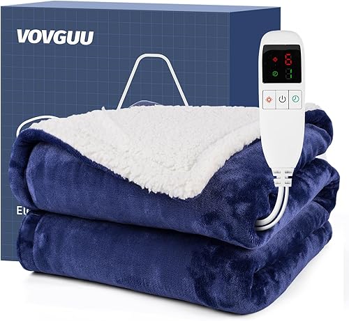 Miniatura 1 de VOVGUU Manta térmica eléctrica de 60 x 50 pulgadas de grosor, manta térmica de franela de calentamiento suave Sherpa con 6 niveles de calefacción,