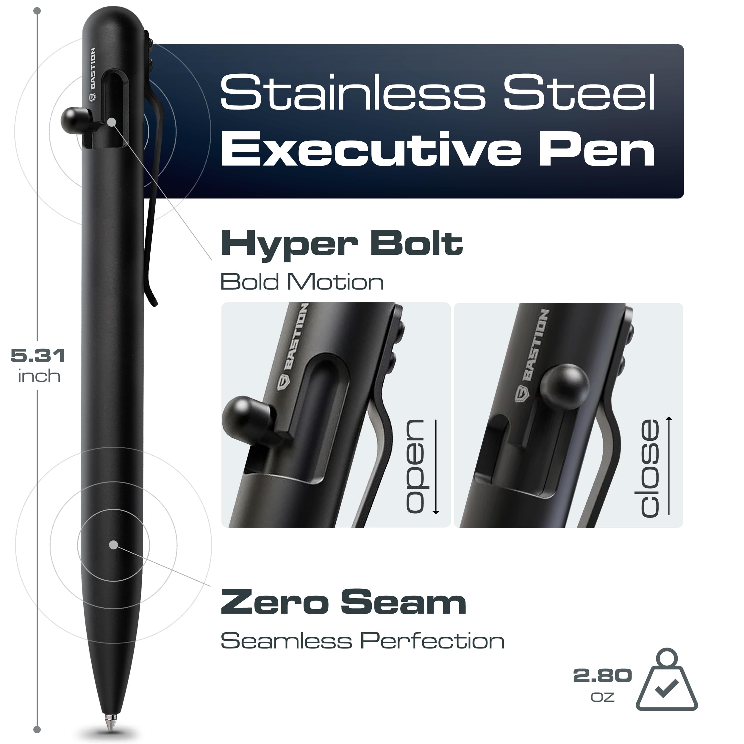 BASTION Stainless Steel Bolt Action Pen - exclusive Hyperbolt ZeroSeam CNC Machined EDC Writing Tool Refillable Executive Gift — view 2