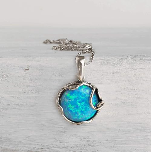 Miniatura 4 de 925 Sterling Silver Blue Opal Large Pendant Libra Natural October Birthstone Round Pendant Antique Jewelry For Women  Handmade Vintage Style Fire