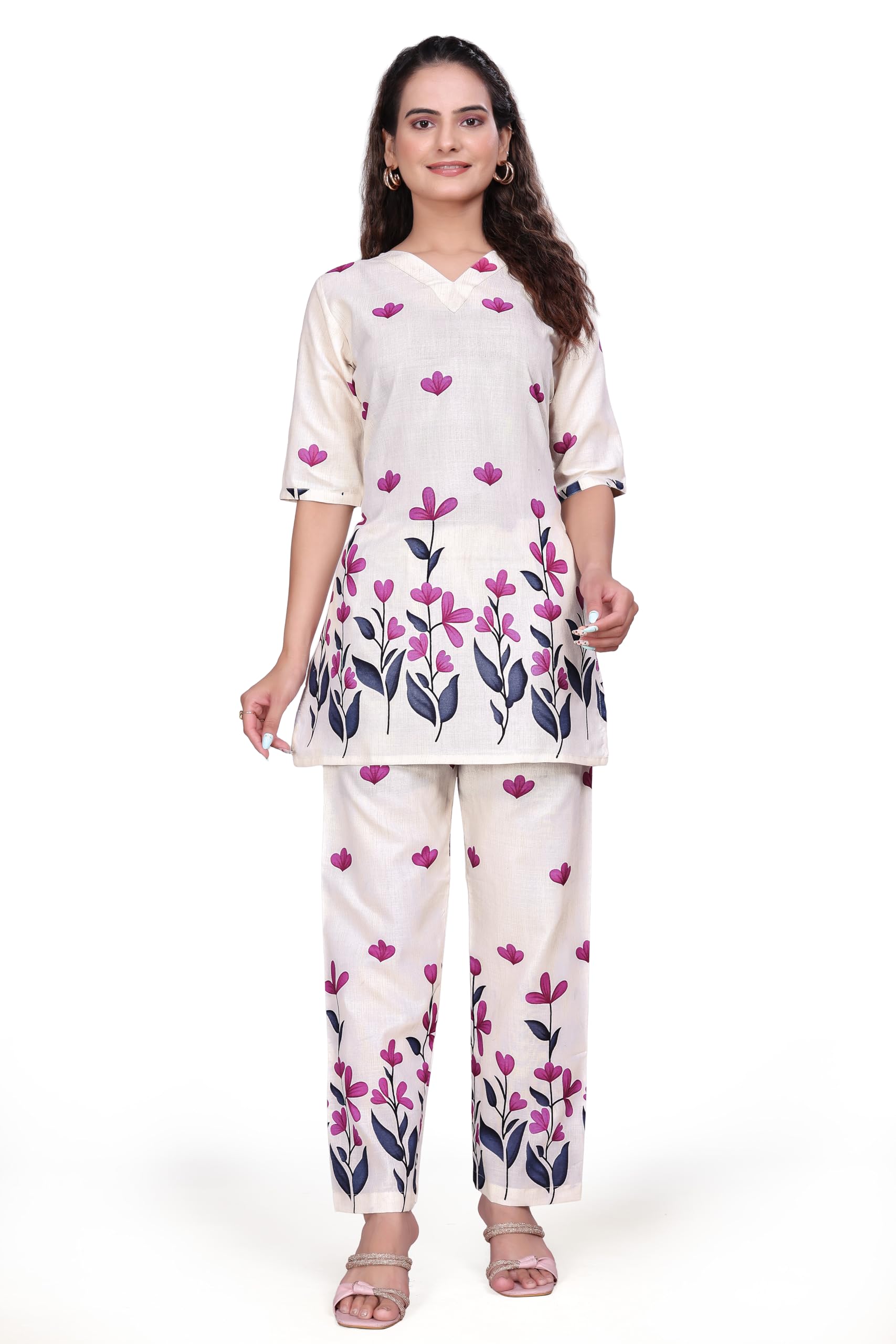 hialto Women Cream Floral Co Ord Set Premium Cotton Top and Full Length Pant for Daily Travel-picture-10