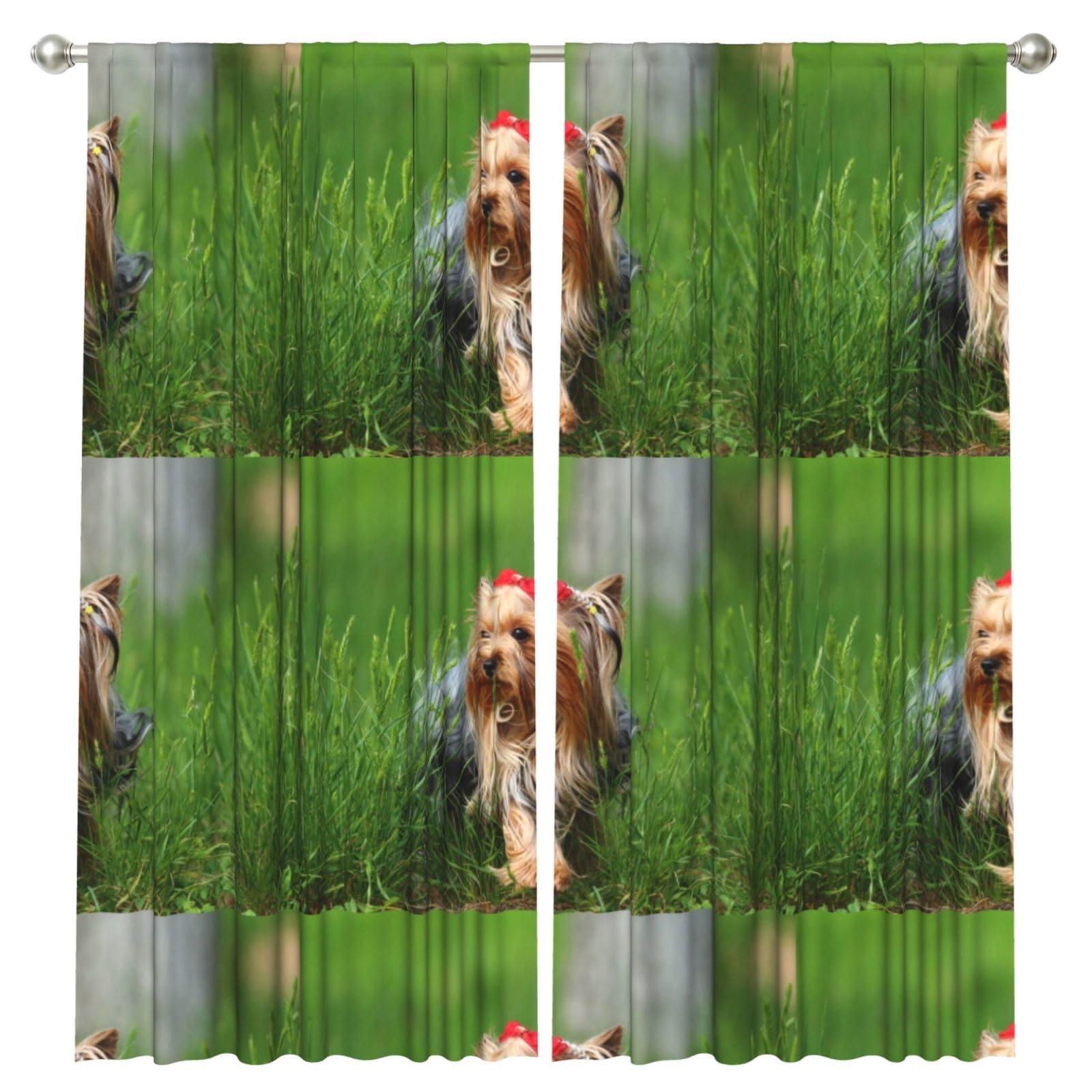 InOmak Yorkshire Terrier Lawn Cute Dogs Ummer Red Bow, 2 Panels Window Curtains 52 x 84 Inch Blackout Curtains for Living Room Bedroom