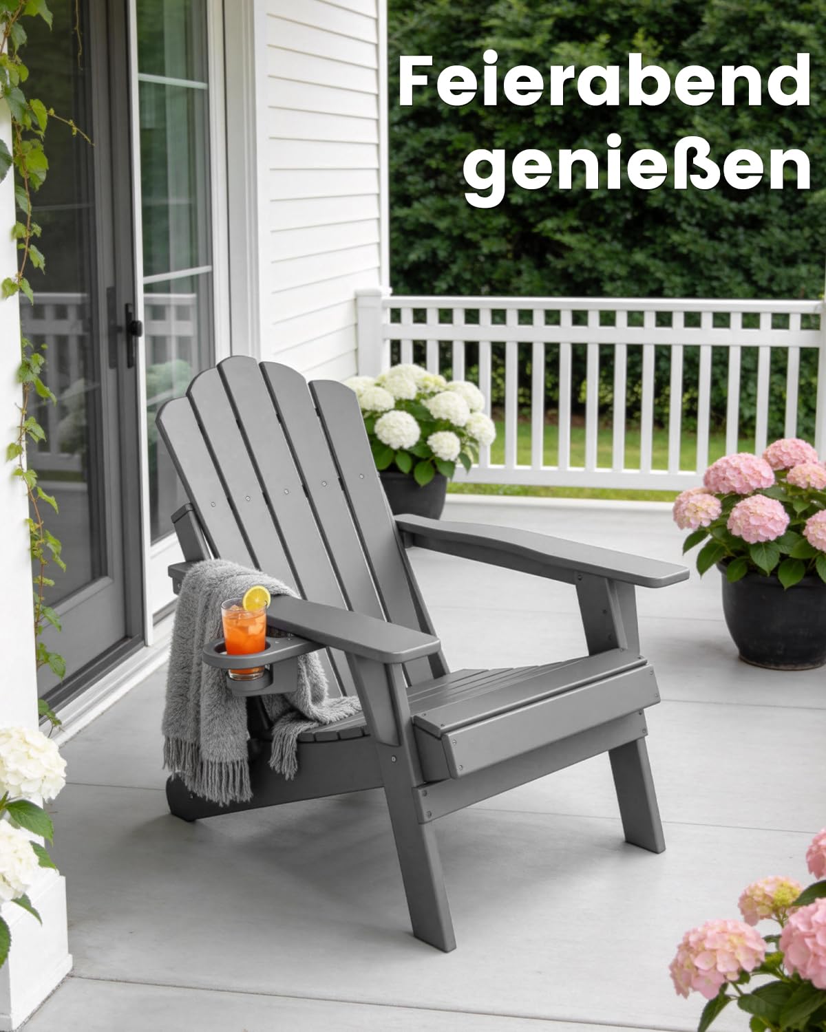 Klappbarer Adirondack Chair mit Breiten Armlehnen, Terrassenstuhl aus HDPE, Wetterfester Balkonstuhl & Relaxstuhl, Grau Matt