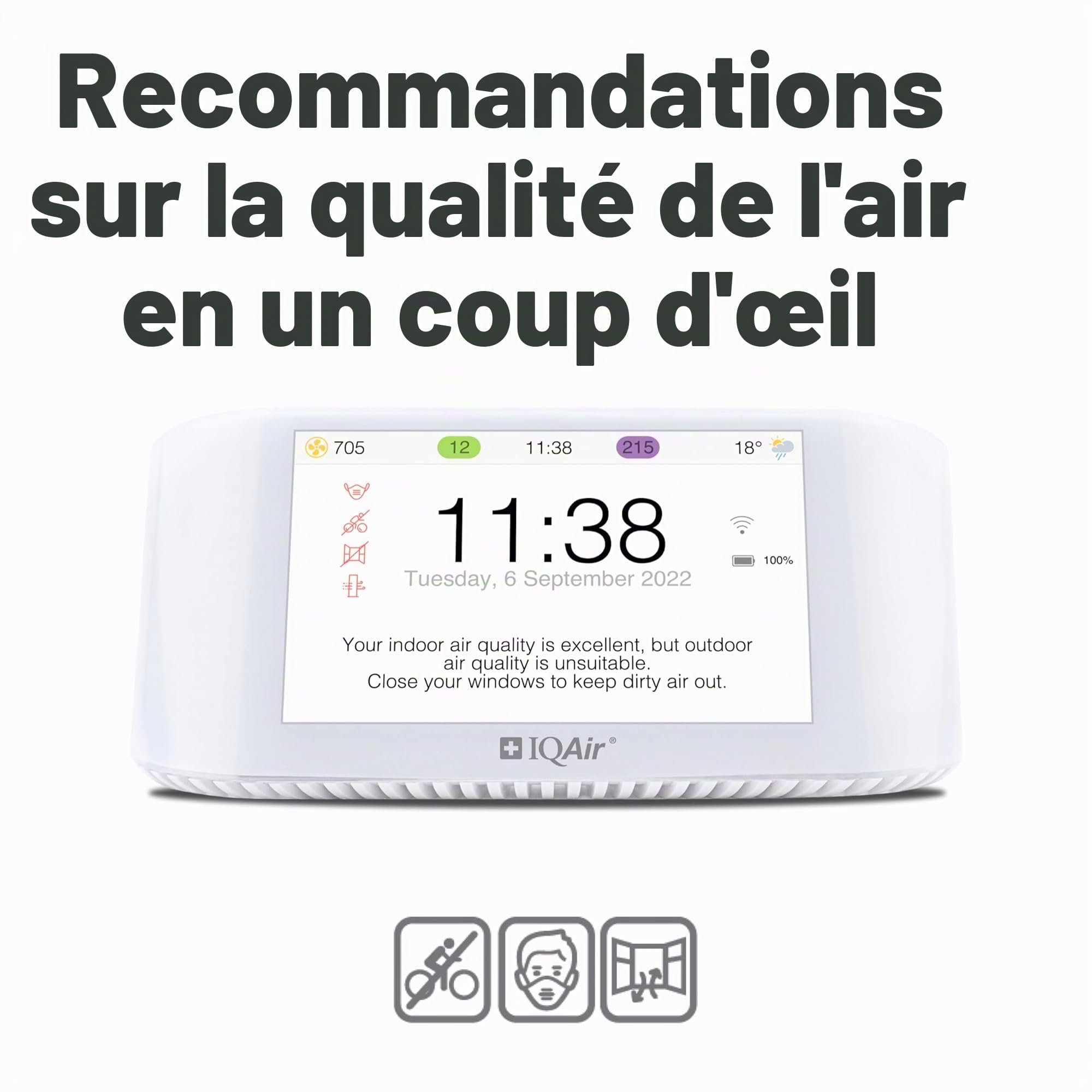 IQAir Moniteur de qualité de l'air intérieur [PM2.5, AQI, detecteur co2, testeur humidité, capteur CO2, capteur Temperature connecté], Air Quality Monitor [Wi-FI, WLAN, App, 5” Display (12.7 cm)]