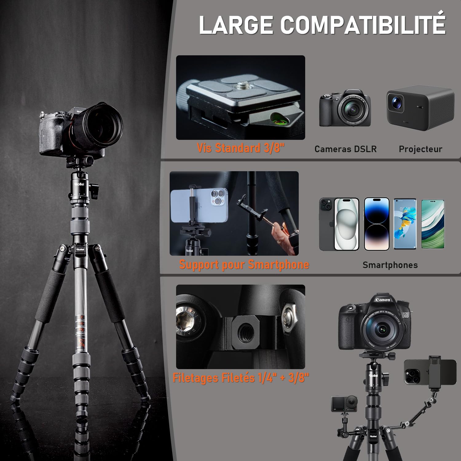 Rollei Compact Traveler No.1 Carbone Noir, 145cm Trepied Appareil Photo Voyage avec Rotule Ball & Téléphone Support Trépied Ultra Léger pour Sony Canon Nikon DSLR, Trepied-Appareil-Photo-Tripod-Voyage