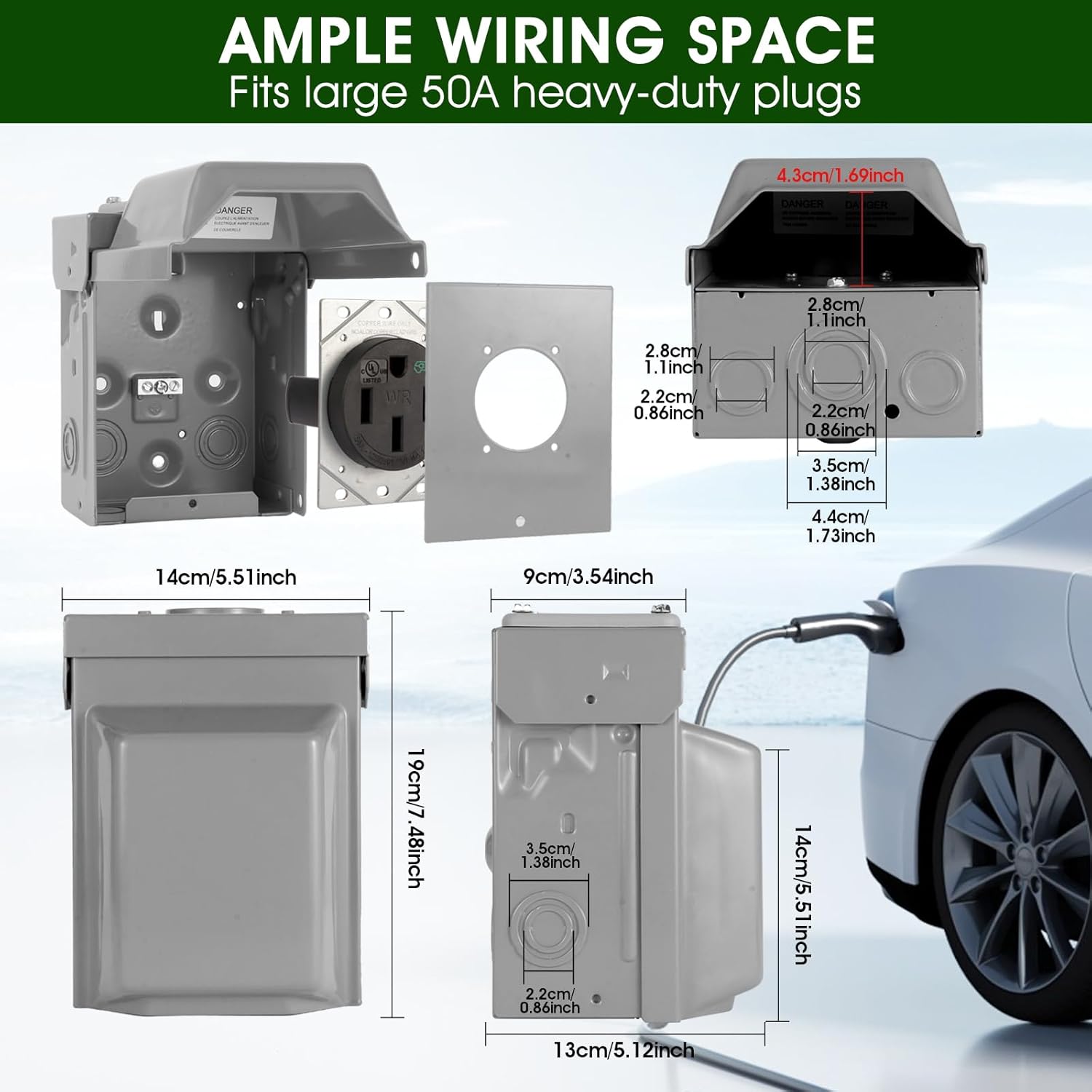 50 Amp EV/RV Power Outlet Box, NEMA 14-50R Receptacle EV Charger Outlet Box,Heavy Duty Metal Box, NEMA 3R Weatherproof Enclosure Lockable Cover for Indoor/Outdoor EV Charging(UL Certified+ETL Listed)